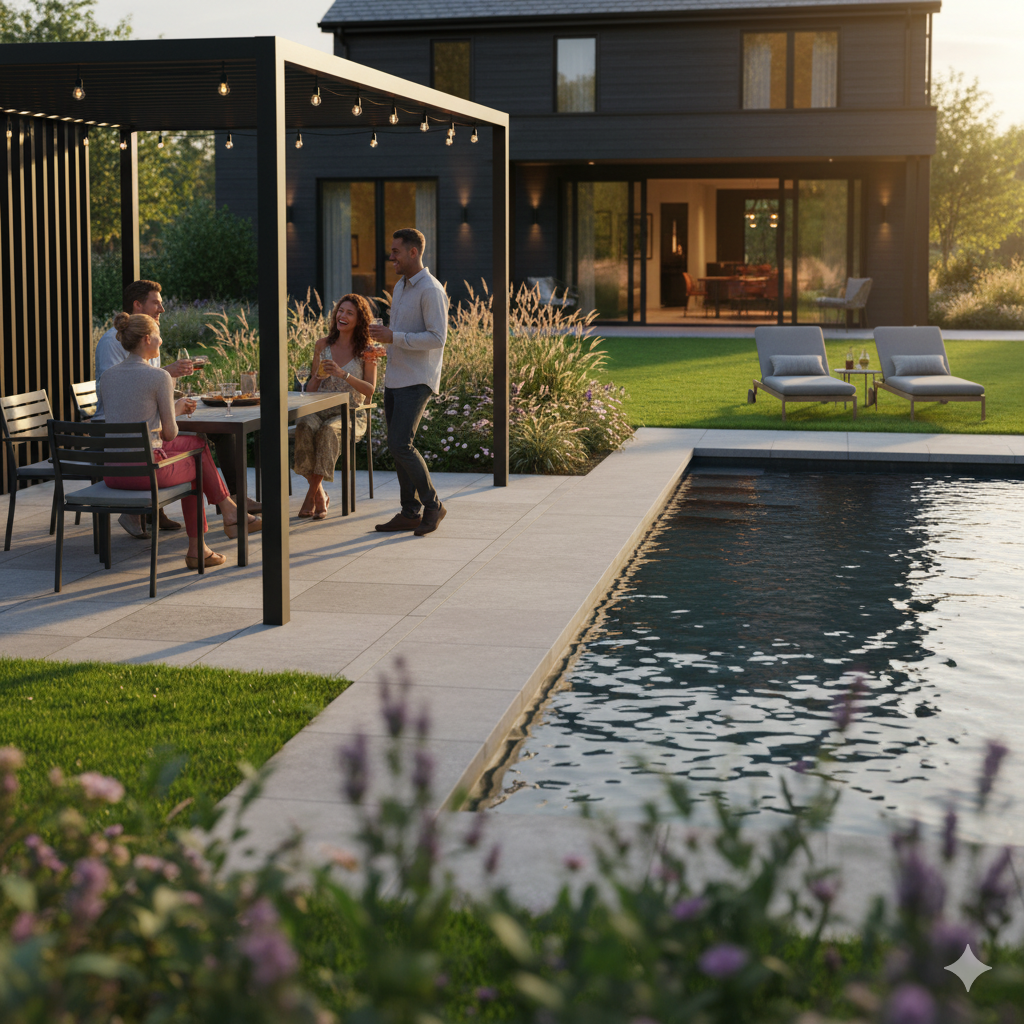 Group of five people enjoying a social gathering by a poolside in a modern backyard, with outdoor dining setup under a pergola and lounge chairs on the grass during sunset.
