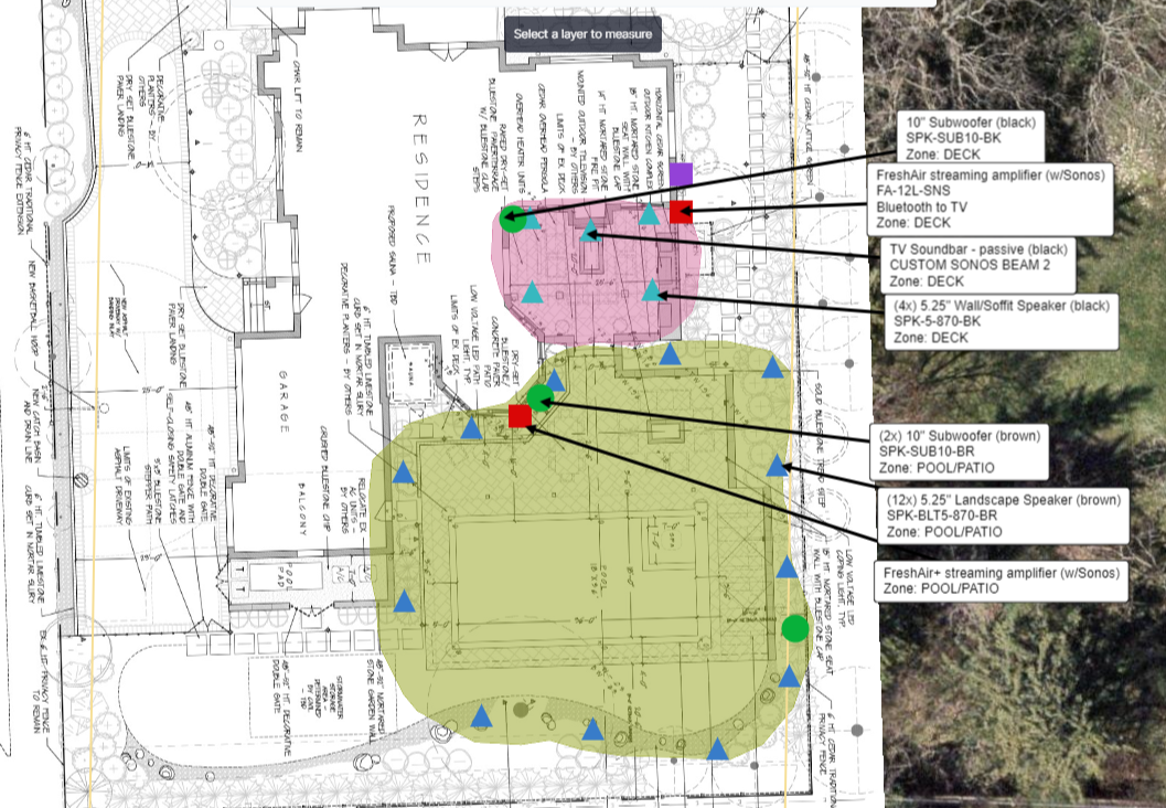 A landscape architectural plan showing outdoor audio and video equipment placement for a pool, patio, and deck zones. The diagram includes labels and color-coded zones with specific details on subwoofers, speakers, amplifiers, and their locations.