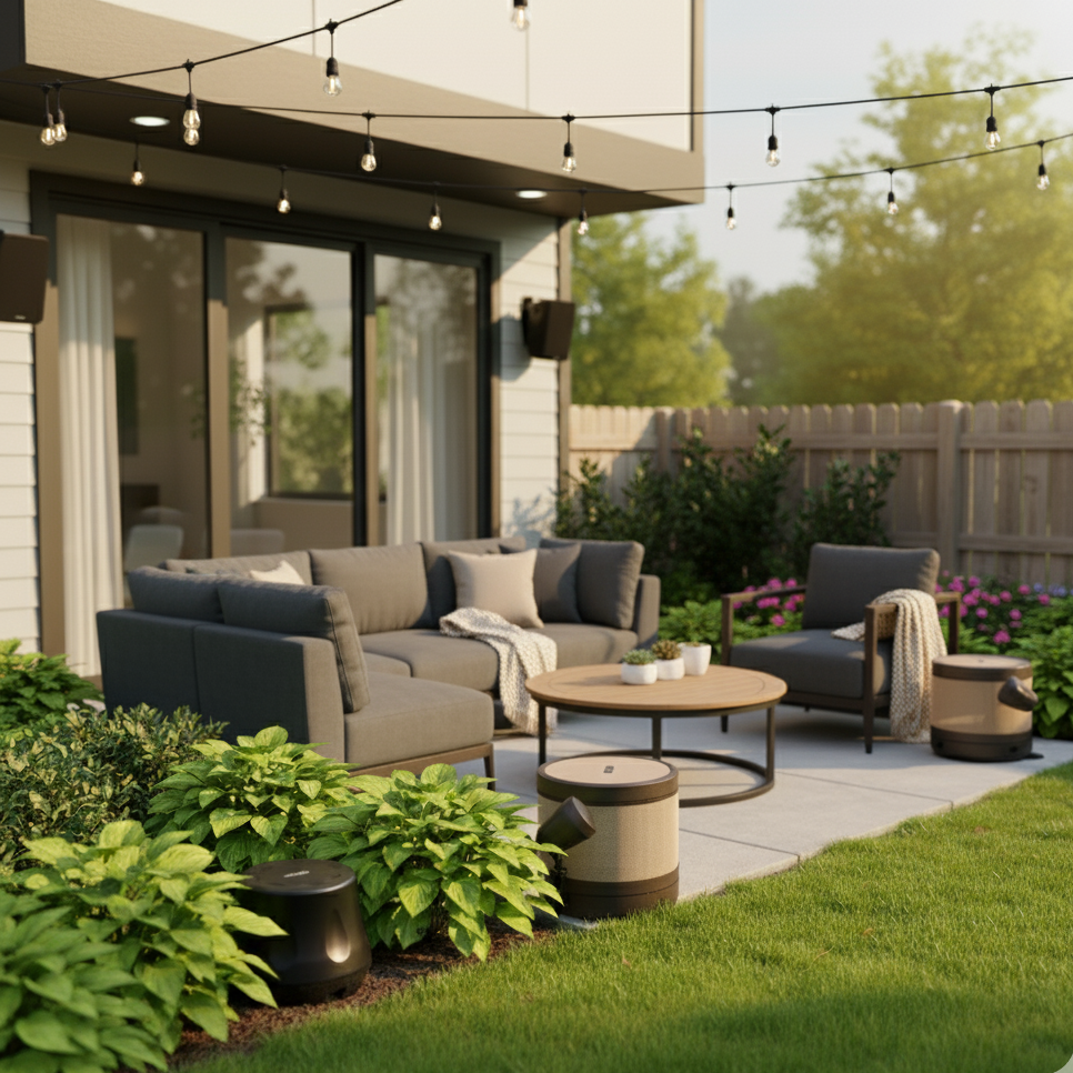 Outdoor patio with a gray sofa, two matching chairs, a round wooden coffee table, and string lights hanging above. There are potted plants on the table, surrounded by a green lawn, flowering plants, and a wooden fence in the background.