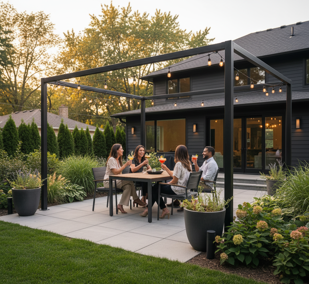 Four people enjoying drinks at a patio table in a backyard with string lights and a black house in the background.