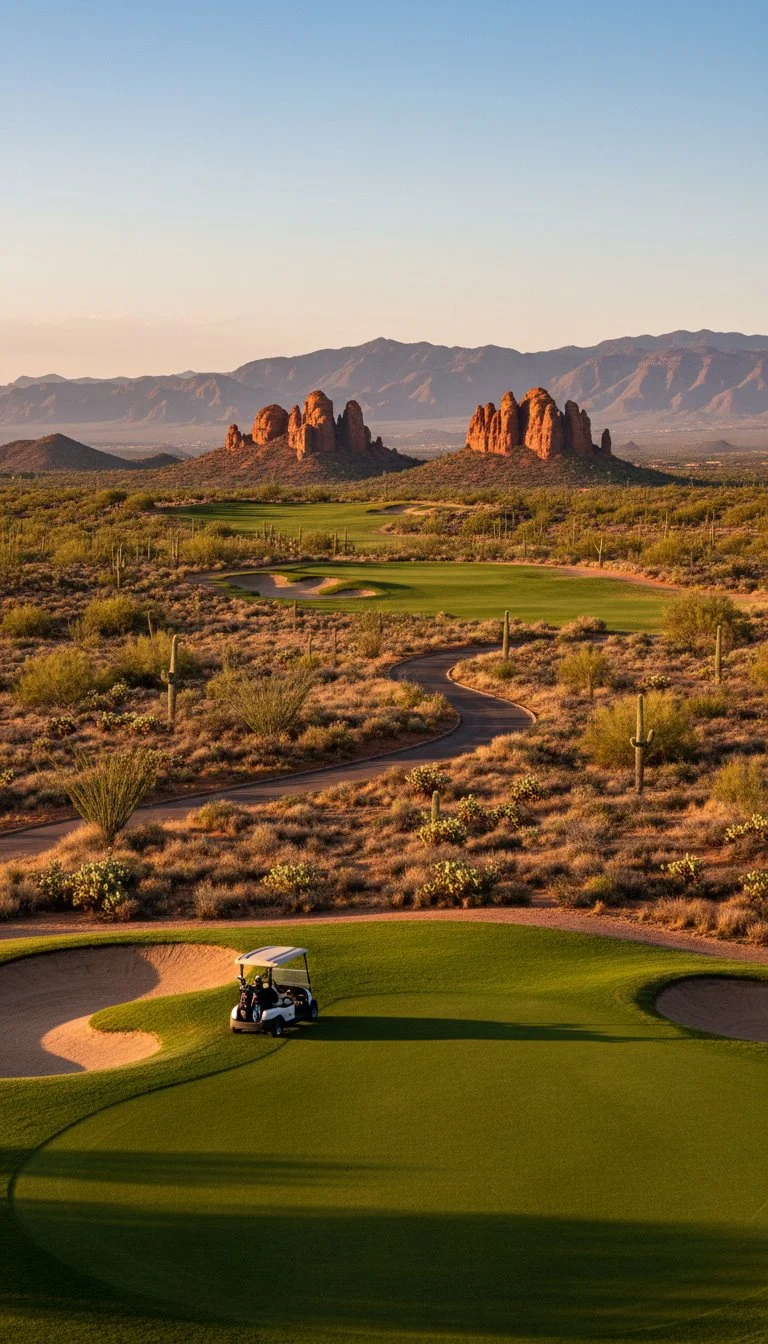 A scenic view of a desert golf course with a mountain range in the background, featuring cacti, shrubs, and a golf cart near the green.