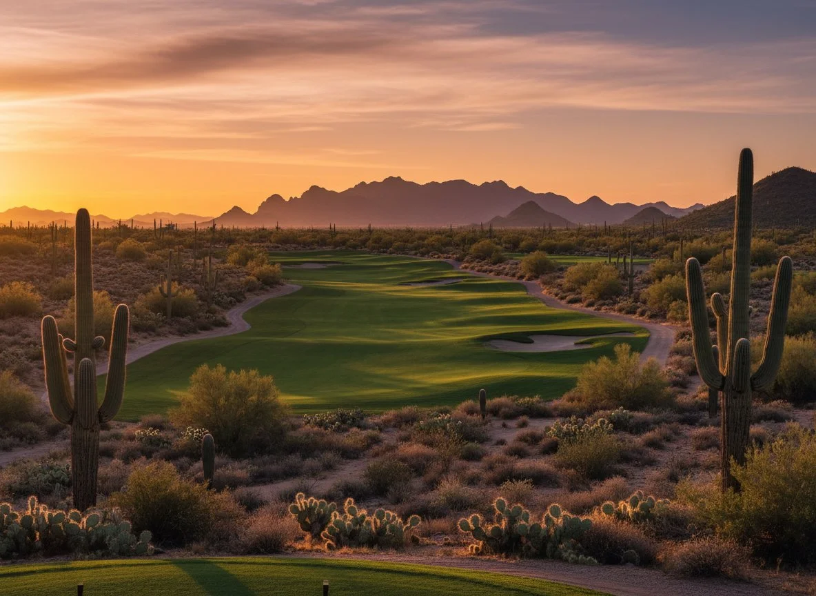 A desert landscape at sunset with a golf course, cacti, and mountains in the background.