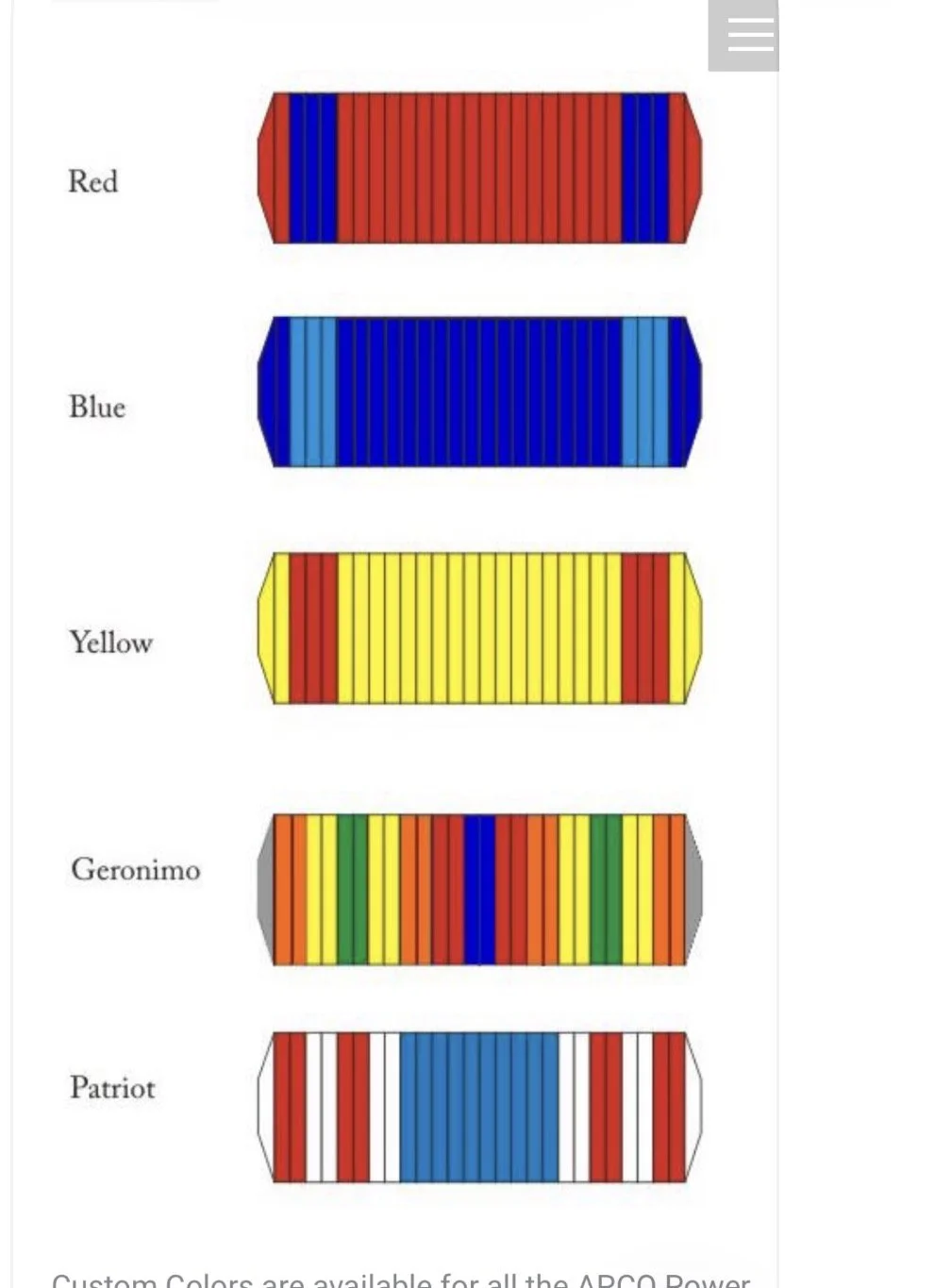 Image showing various color pattern options for a product, with options labeled Red, Blue, Yellow, Geronimo, and Patriot, each with different colored stripes.