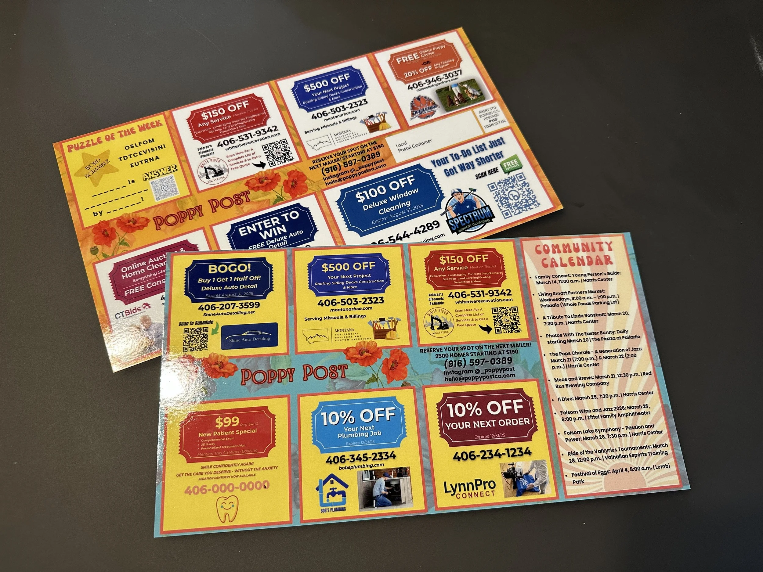 Colorful promotional flyer with various discounts and event advertisements, featuring coupons, contact information, QR codes, and decorative flowers on a dark surface.