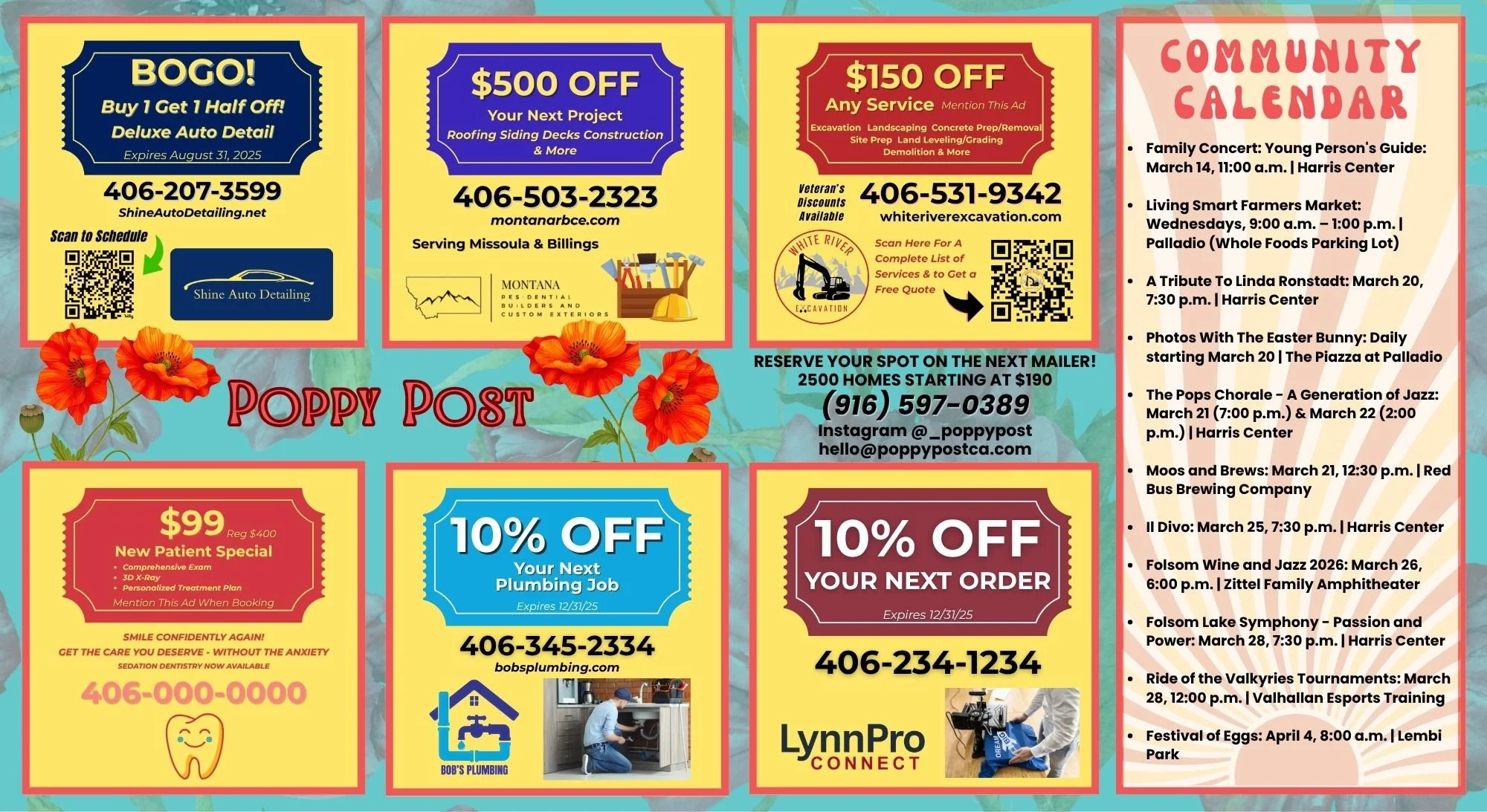 A vibrant community event flyer with various ads and schedules, featuring colorful floral decorations, offering discounts on auto detailing, roofing, plumbing, and highlighting upcoming local events and performances.
