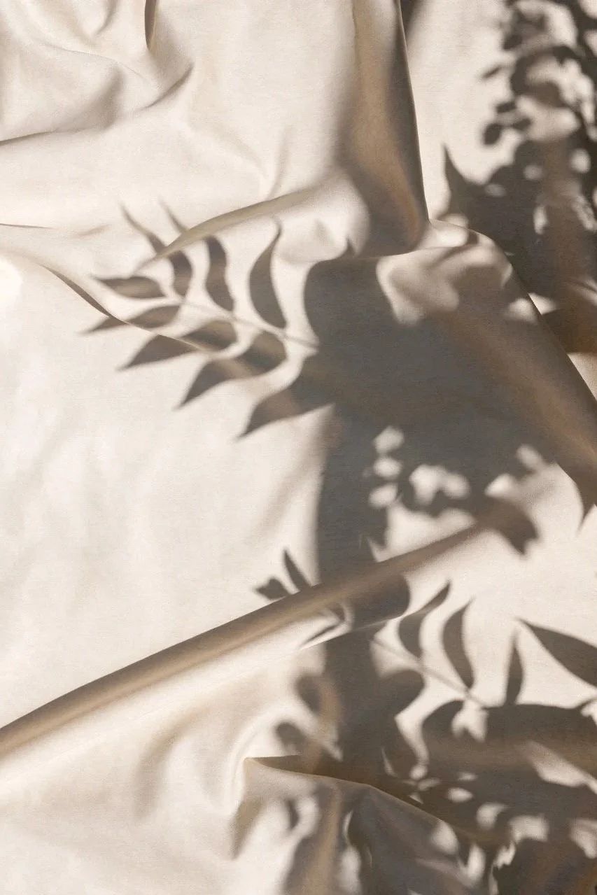 a cream-colored fabric on the floor with a shadow of a plant