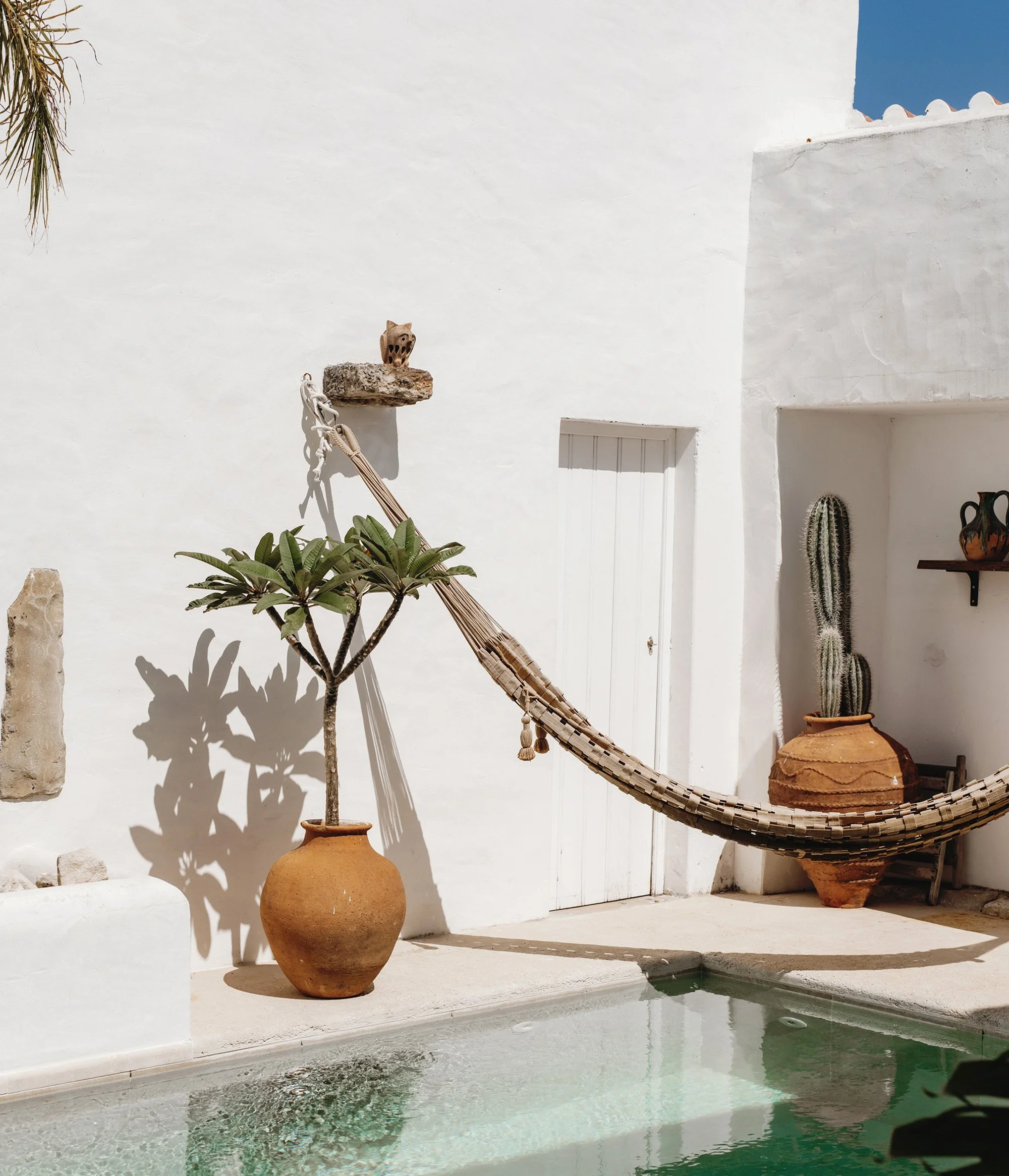 An outside patio with a few plants and a pool with white walls of the home while the sun is shining casting a few shadows on the elements around the patio