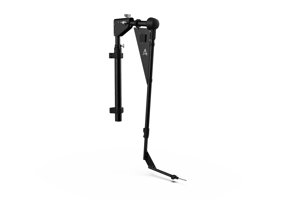 A black motorcycle kickstand stand with a spring-loaded kickstand and mounting bracket.