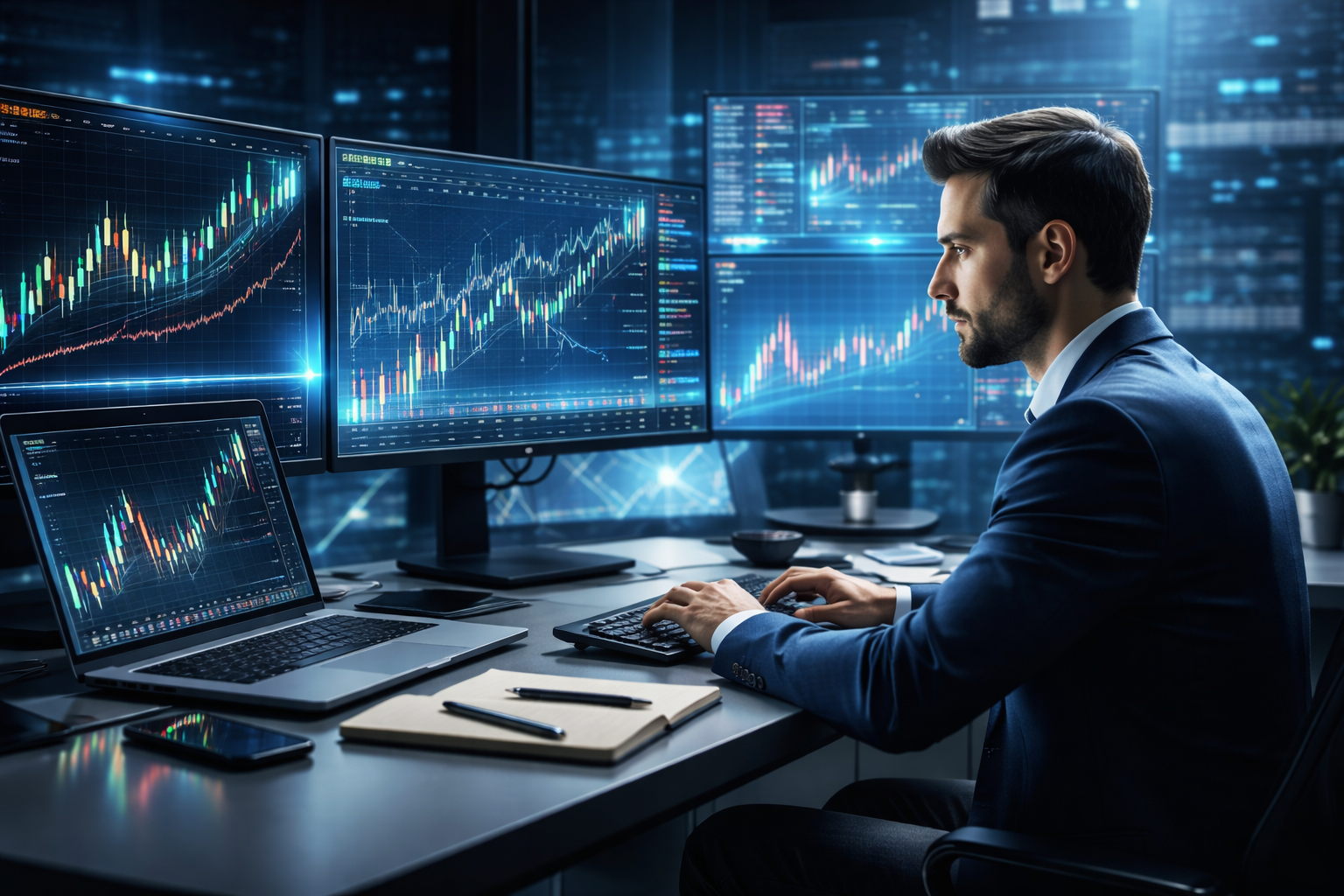 Hombre de oscuro con varios monitores mostrando gráficos bursátiles en un entorno de oficina tecnológica, durante la noche.