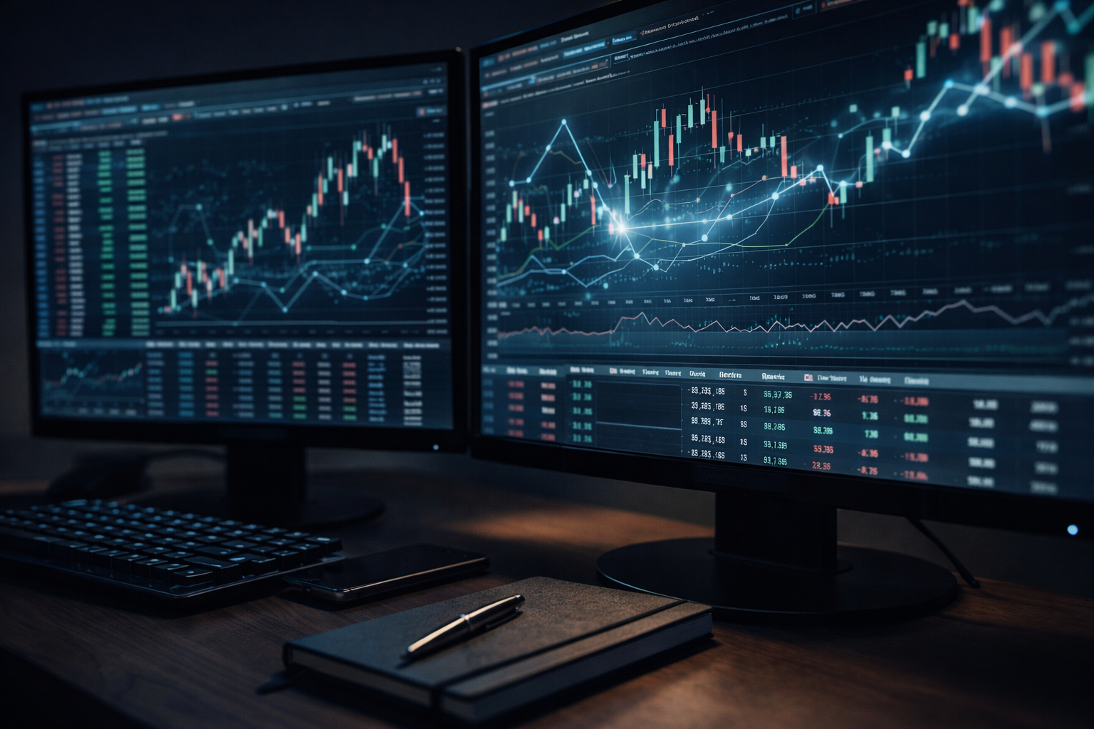 Pantallas con gráficos financieros y datos de mercado, en un ambiente de oficina con teclado, teléfono, cuaderno y bolígrafo.