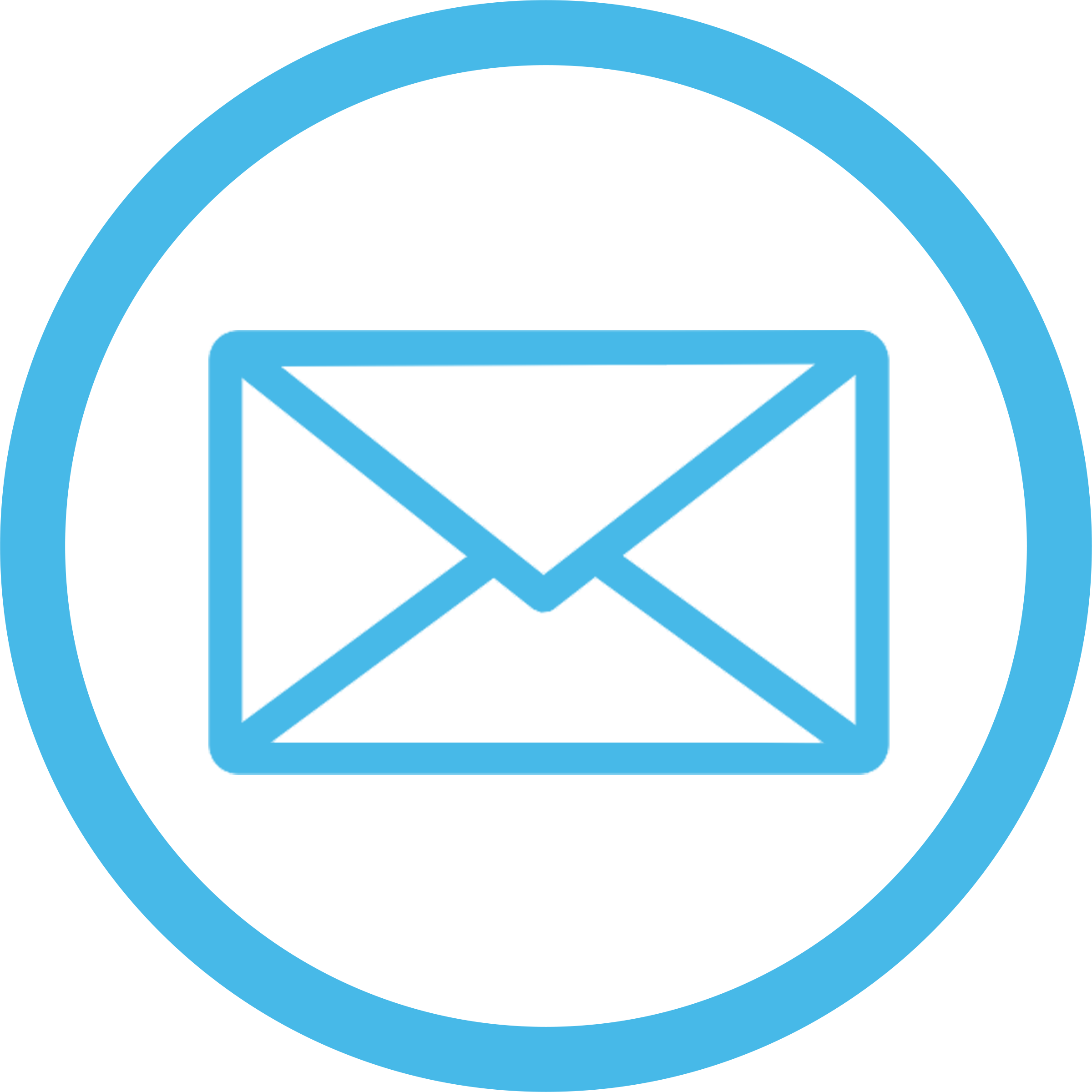 An icon of a blue email or message envelope inside a blue circle on a black background.