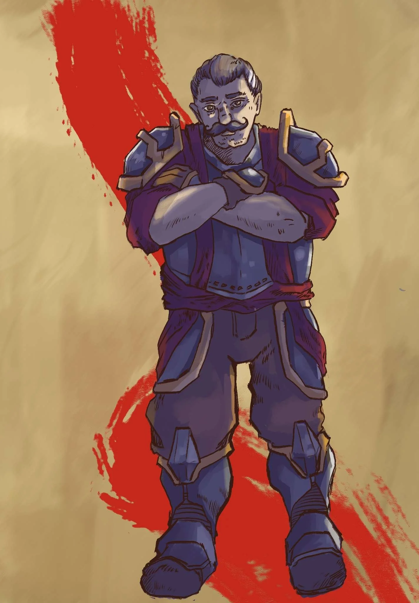 A cartoon-style character wearing armor with a purple cape, standing with arms crossed on a beige background with a red streak behind him.