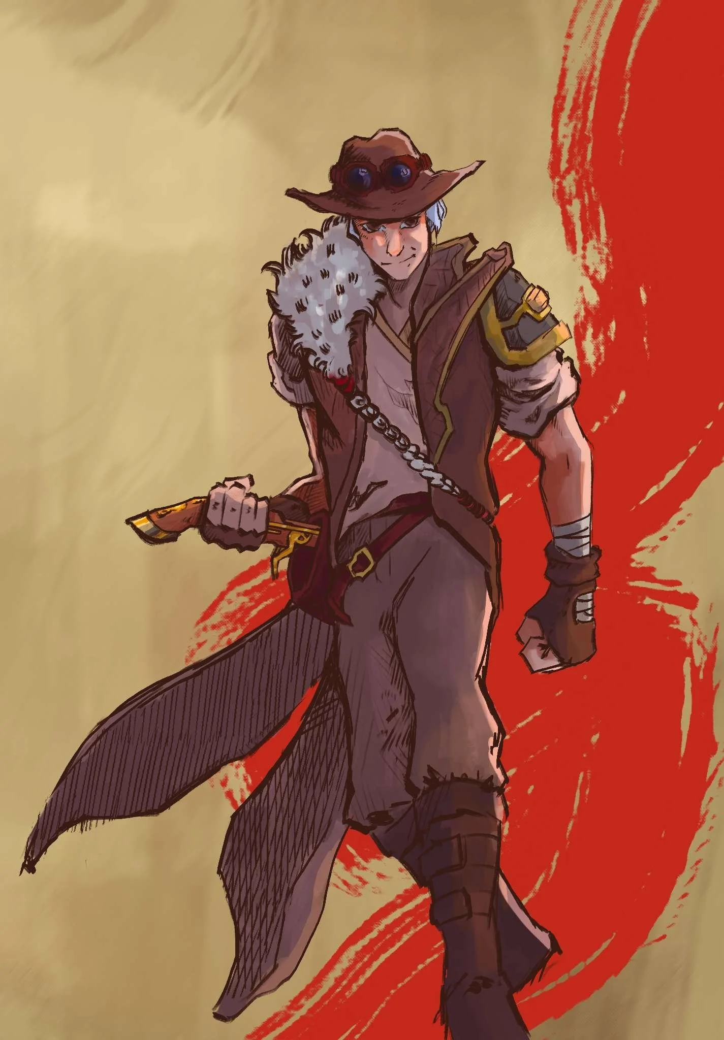 Anime-style character wearing a wide-brimmed hat with goggles, holding a sword, with a fur-lined shoulder piece, against a beige and red background with swirling lines.