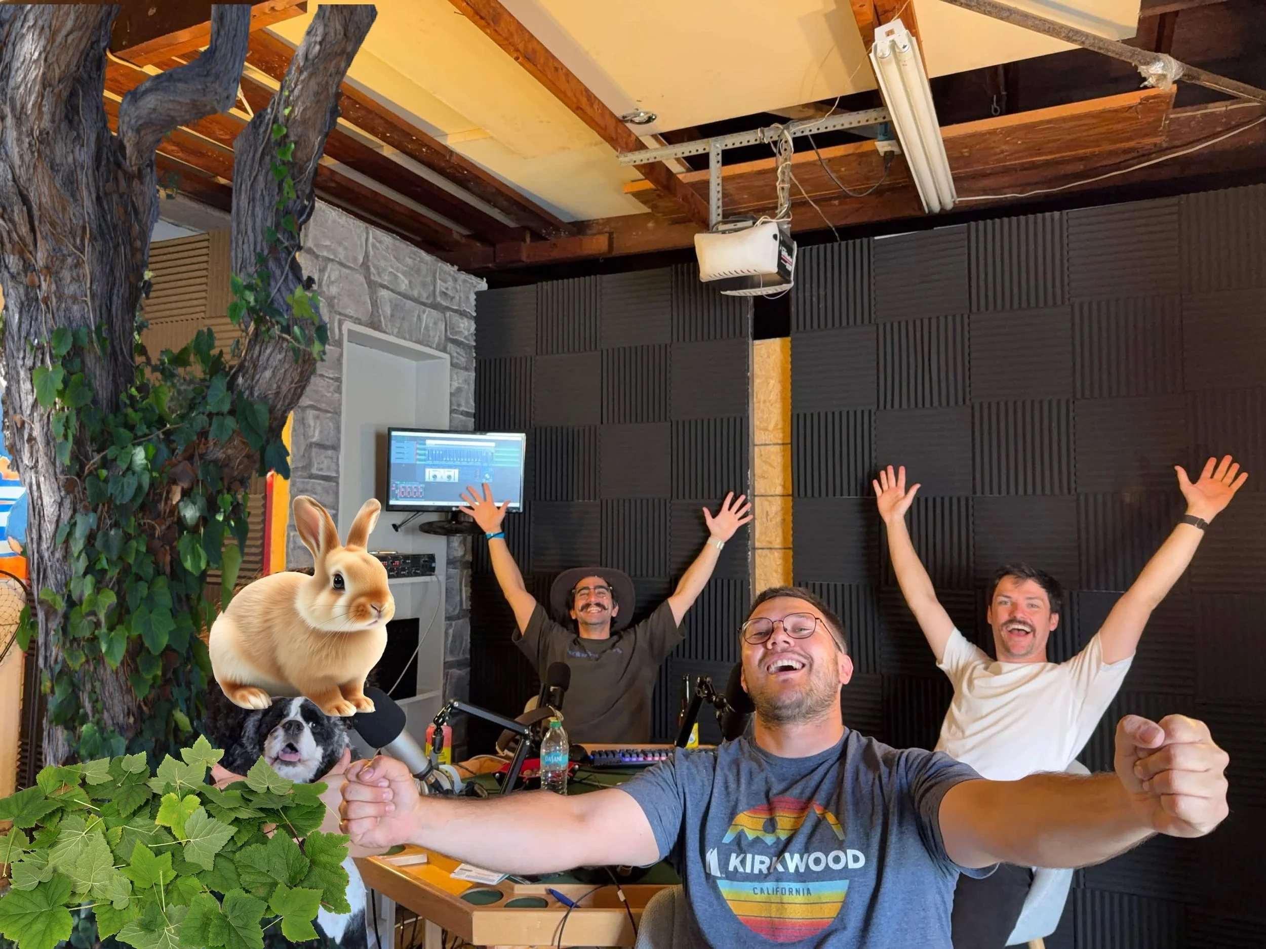 Group of people in a recording studio raising their hands in celebration, with a cat and dog animated overlays, and decorative plants in the foreground.