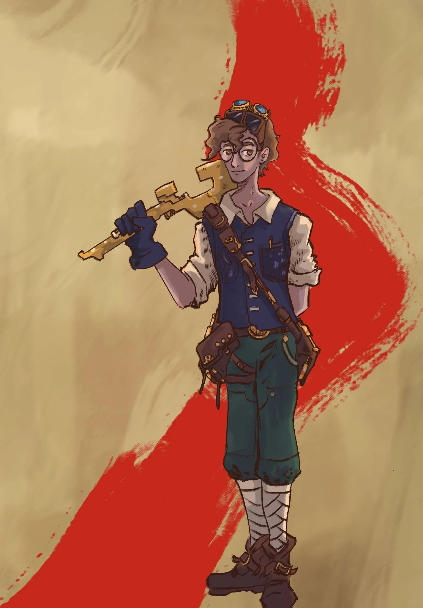 An illustration of a young person with curly hair and glasses holding a large yellow tool, standing in front of an abstract background with beige and red brushstrokes.