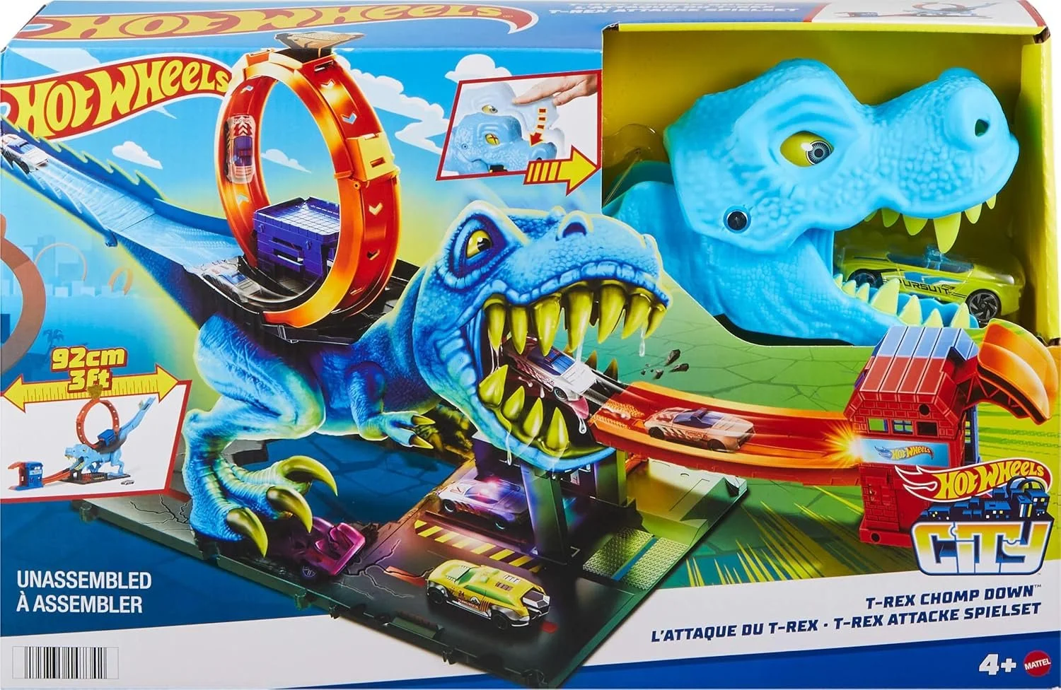 Hot Wheels City Track Set with 1 Toy Car, Race Through a Giant Loop to Defeat a Big Dinosaur, T-Rex Loop Stunt and Race Playset