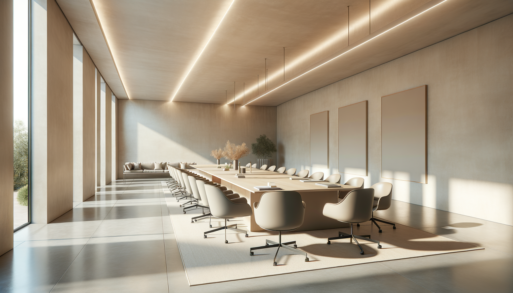 Modern conference room with a long wooden table, beige chairs, and large windows letting in natural light, with minimalist decor and some indoor plants.