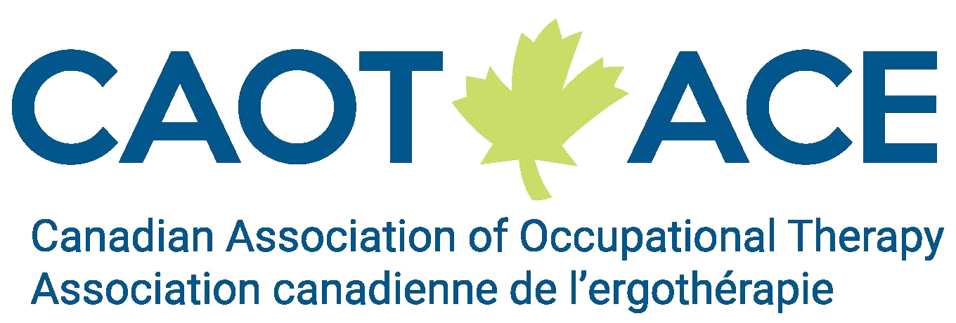 Logo of the Canadian Association of Occupational Therapy with the acronym CAOT and a green maple leaf in the center, and the full name of the organization written in both English and French.