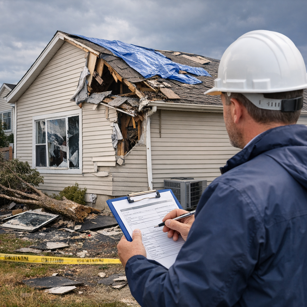 A man wearing a white safety helmet and blue jacket inspects a damaged house with a clipboard in his hands. The house has a large section of the roof torn off, exposing wooden beams and debris, with a blue tarp partially covering the roof to prevent further damage. There is caution tape on the ground and debris scattered around, indicating a disaster scene.