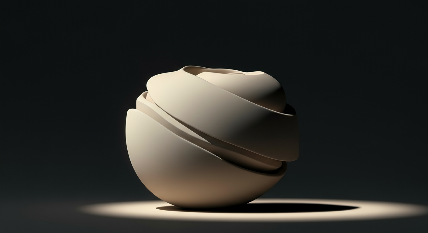 A modern, abstract sculpture resembling a sphere with layered, brushed metal-like segments, illuminated from above against a dark background.