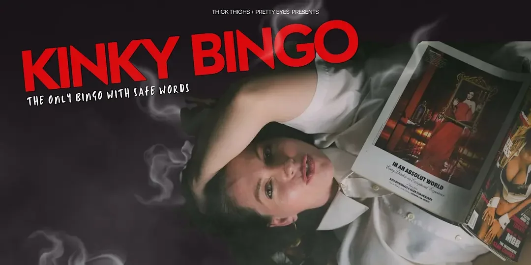 Magazine cover titled "Kinky Bingo" with a woman lying on her back, head tilted, holding a magazine with her arm raised. The cover has red and black colors, with the subtitle "The Only Bingo With Safe Words" and features a Polaroid-style photo of a woman in red dress.