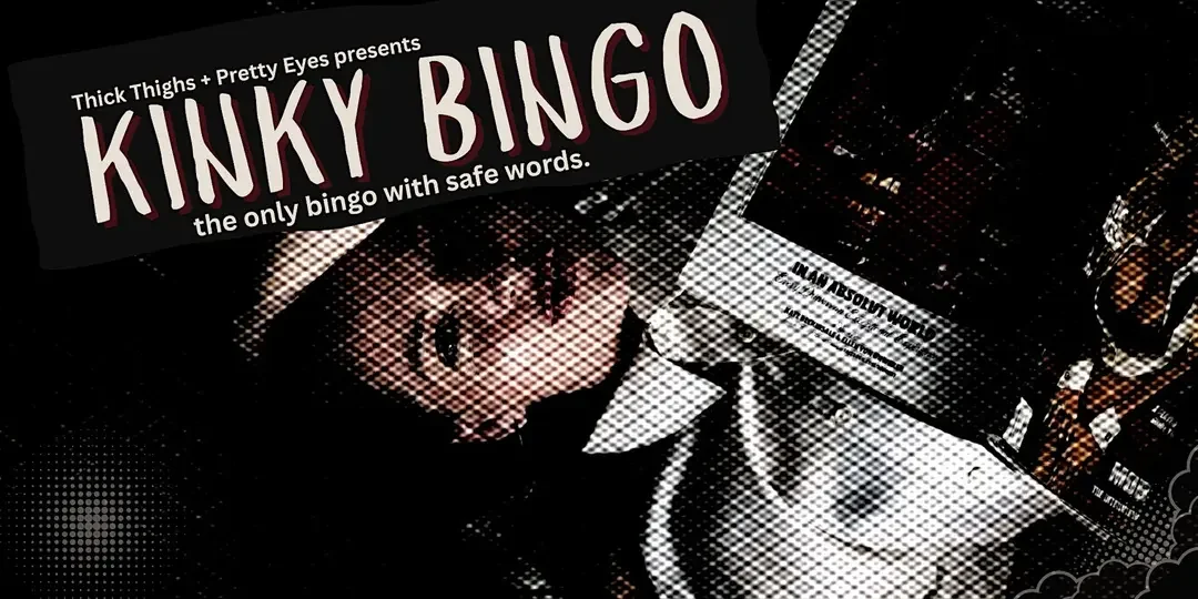 Cover of a card game called "Kinky Bingo" with a woman and a man, with the title and tagline 'the only bingo with safe words'.