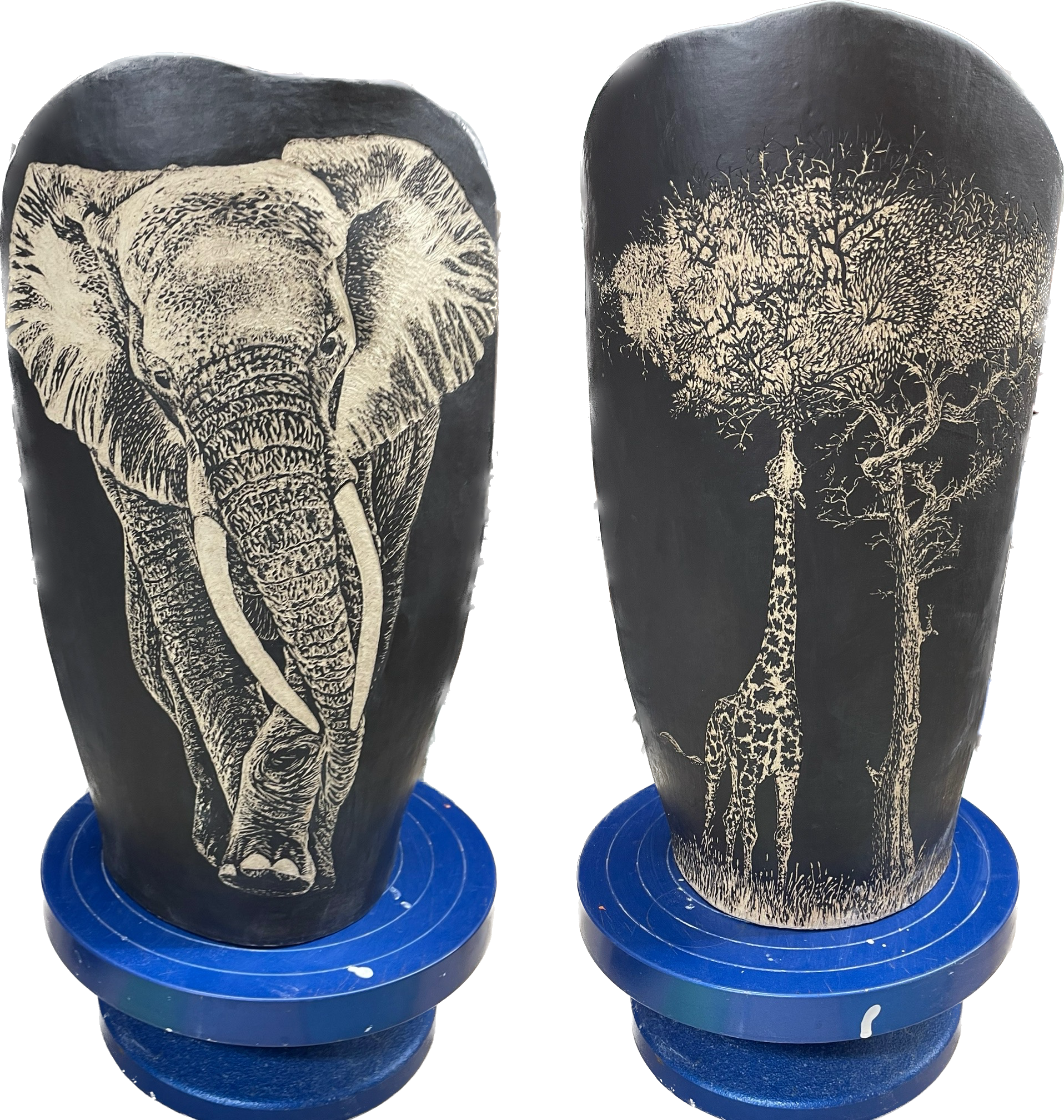 African Elephant/Nubian Giraffe: Endangered Animal Series: Sgraffito on Stoneware