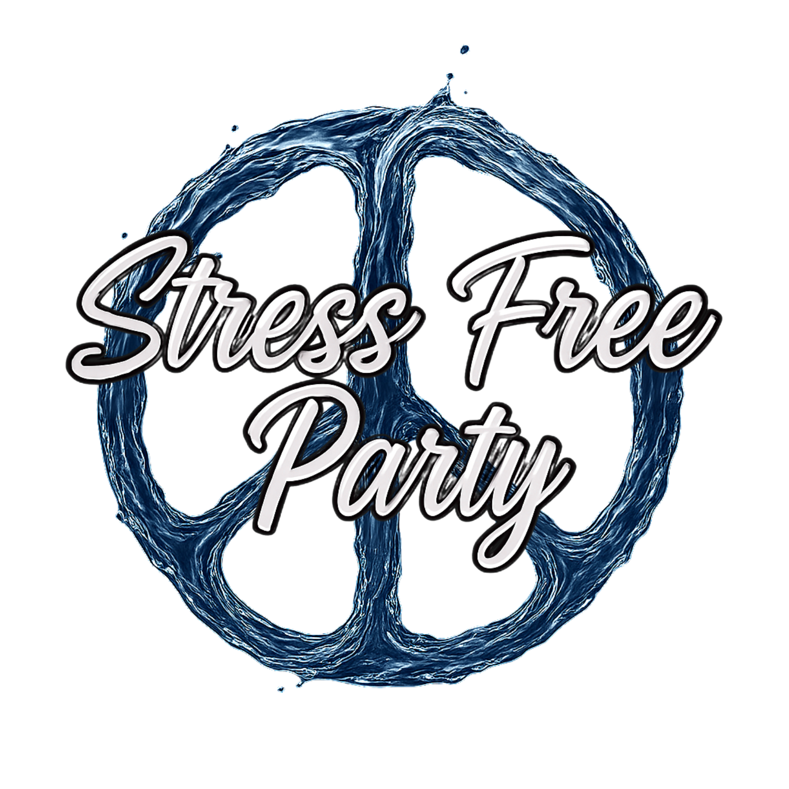 A graphic with a blue peace symbol made of water and the text 'Stress Free Party' written across it.