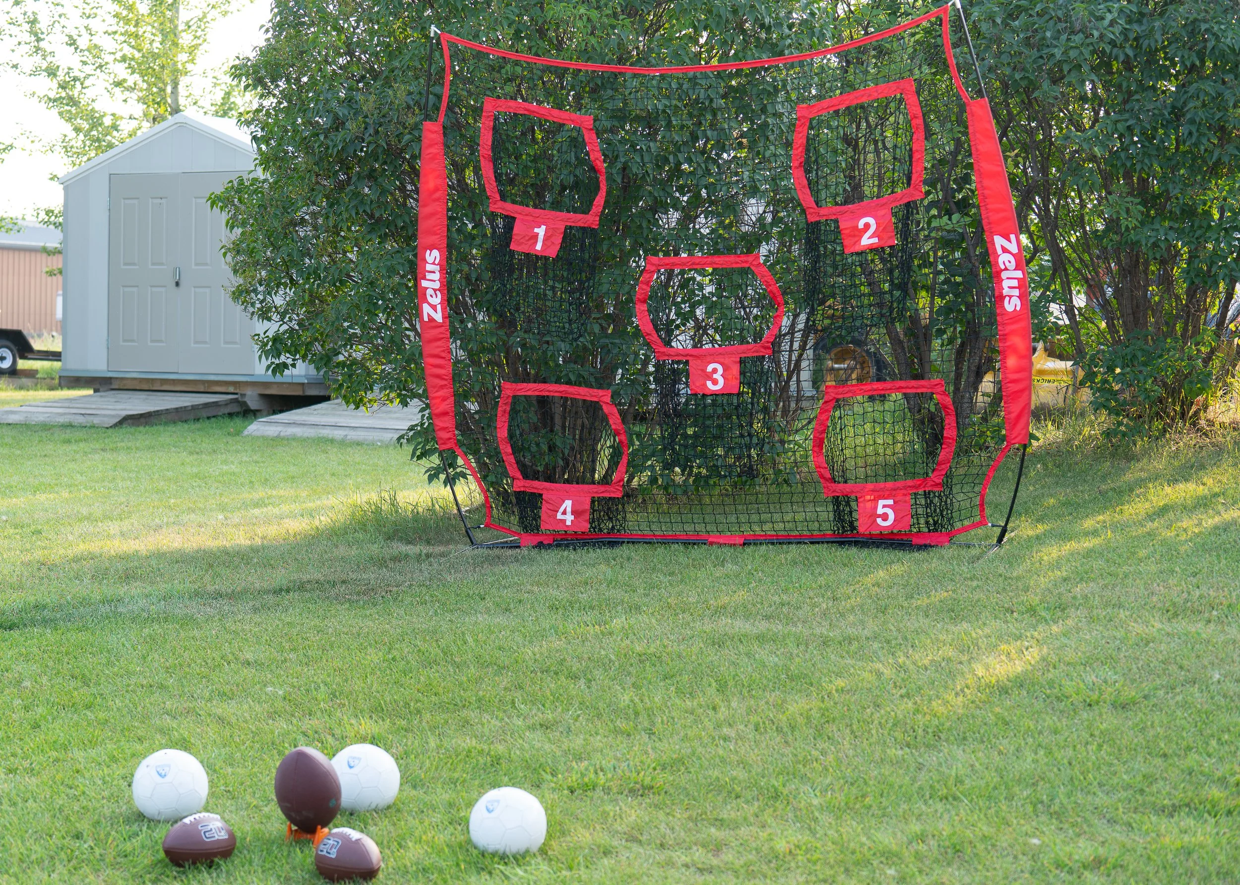 A backyard with a lawn and trees, featuring a portable soccer goal designed for a game called Cornhole or Bag Toss, with five numbered target zones outlined in red. Several football-shaped and round soccer balls are on the grass in front of the goal.