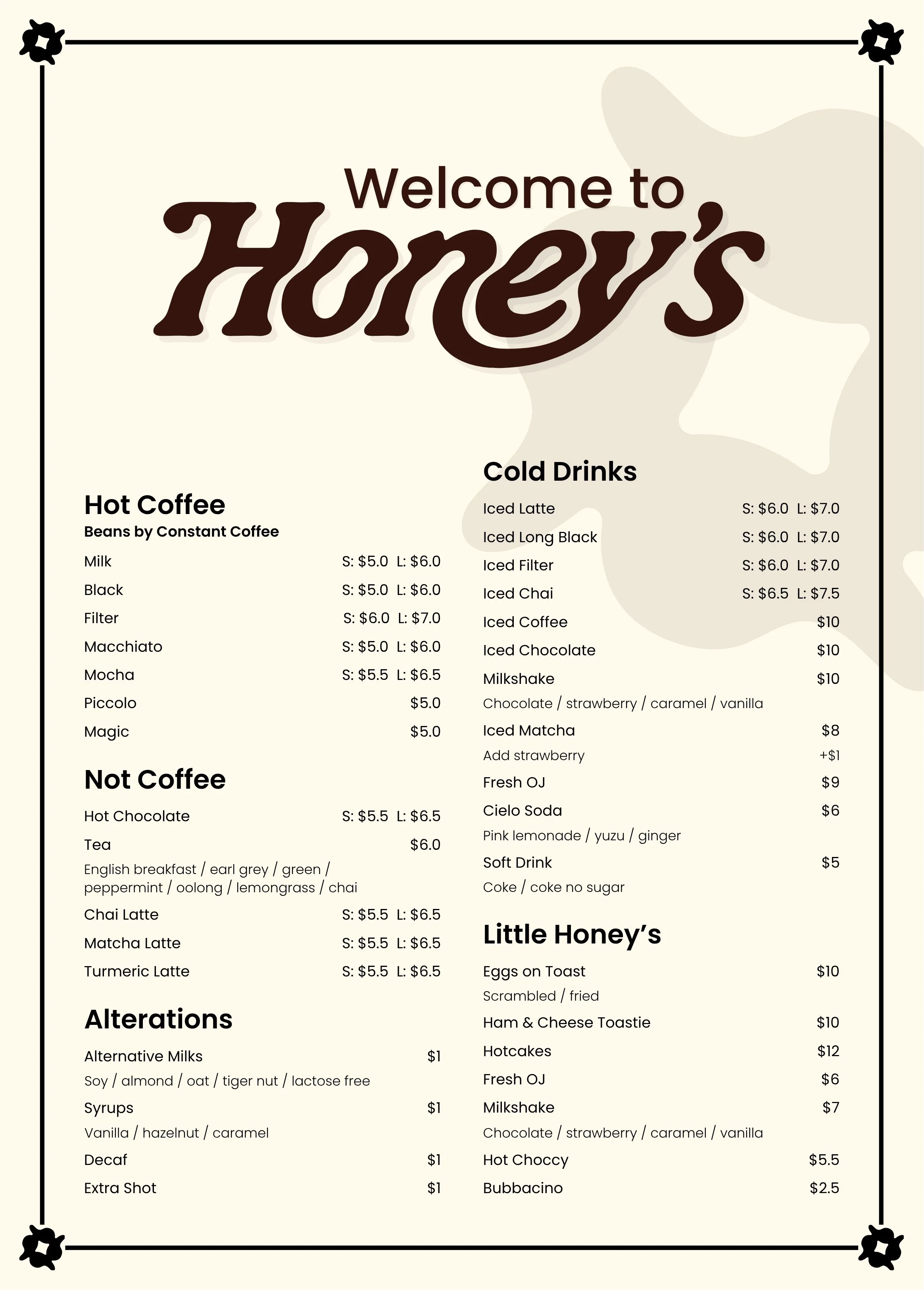Menu for Honey's cafe with sections for hot coffee, cold drinks, non-coffee drinks, and alt options, featuring prices and flavor choices.
