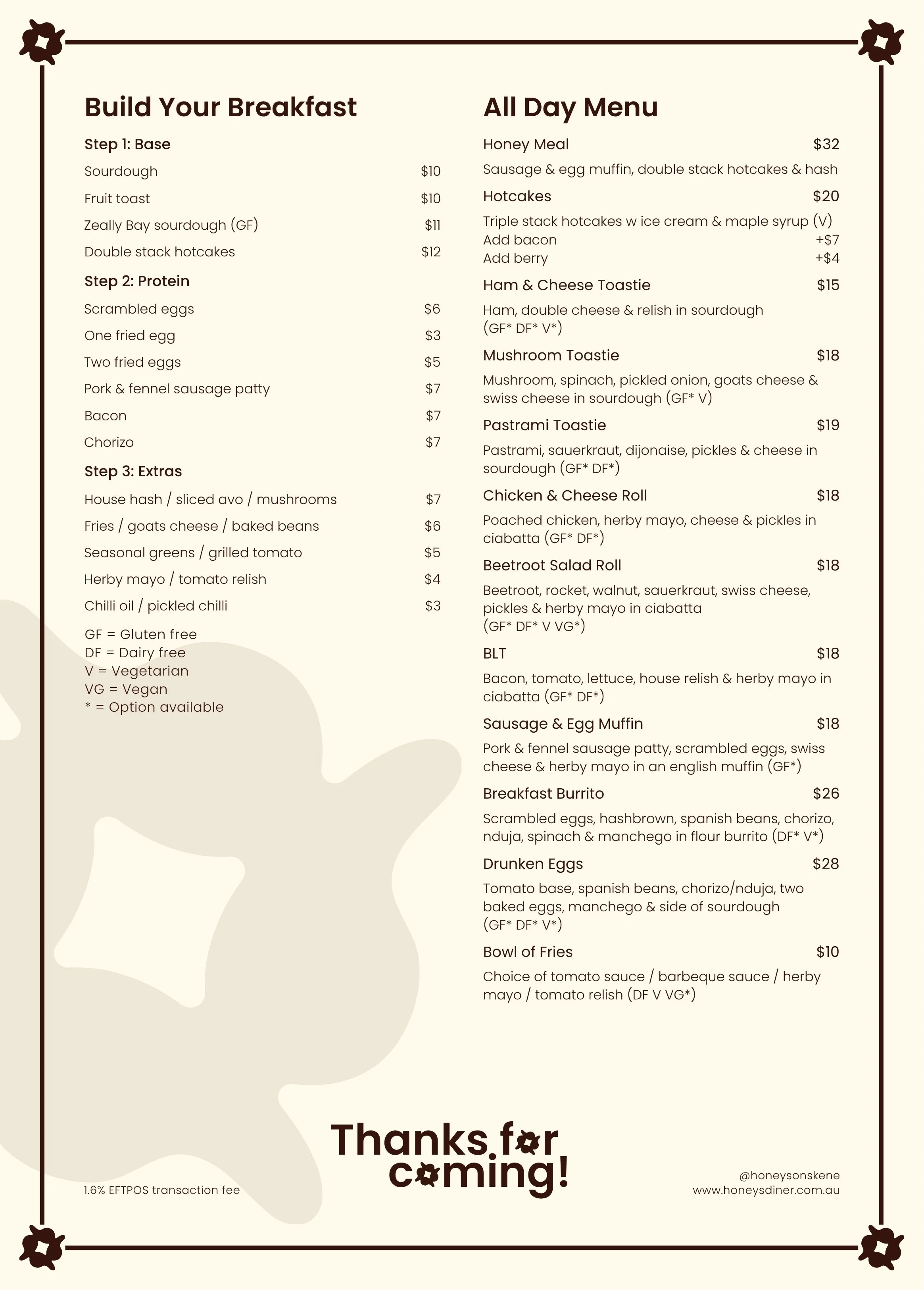 Menu from Honey's cafe with all day meal options, including build your breakfast, hotcakes, rolls, toasties, and sides, with prices listed.