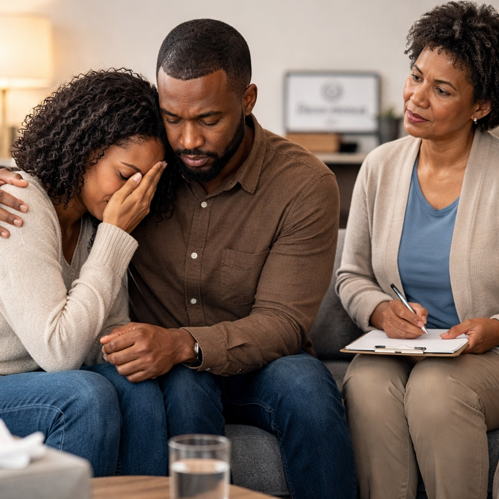 A woman comforts a man who appears distressed during a counseling session, with a counselor taking notes nearby.
