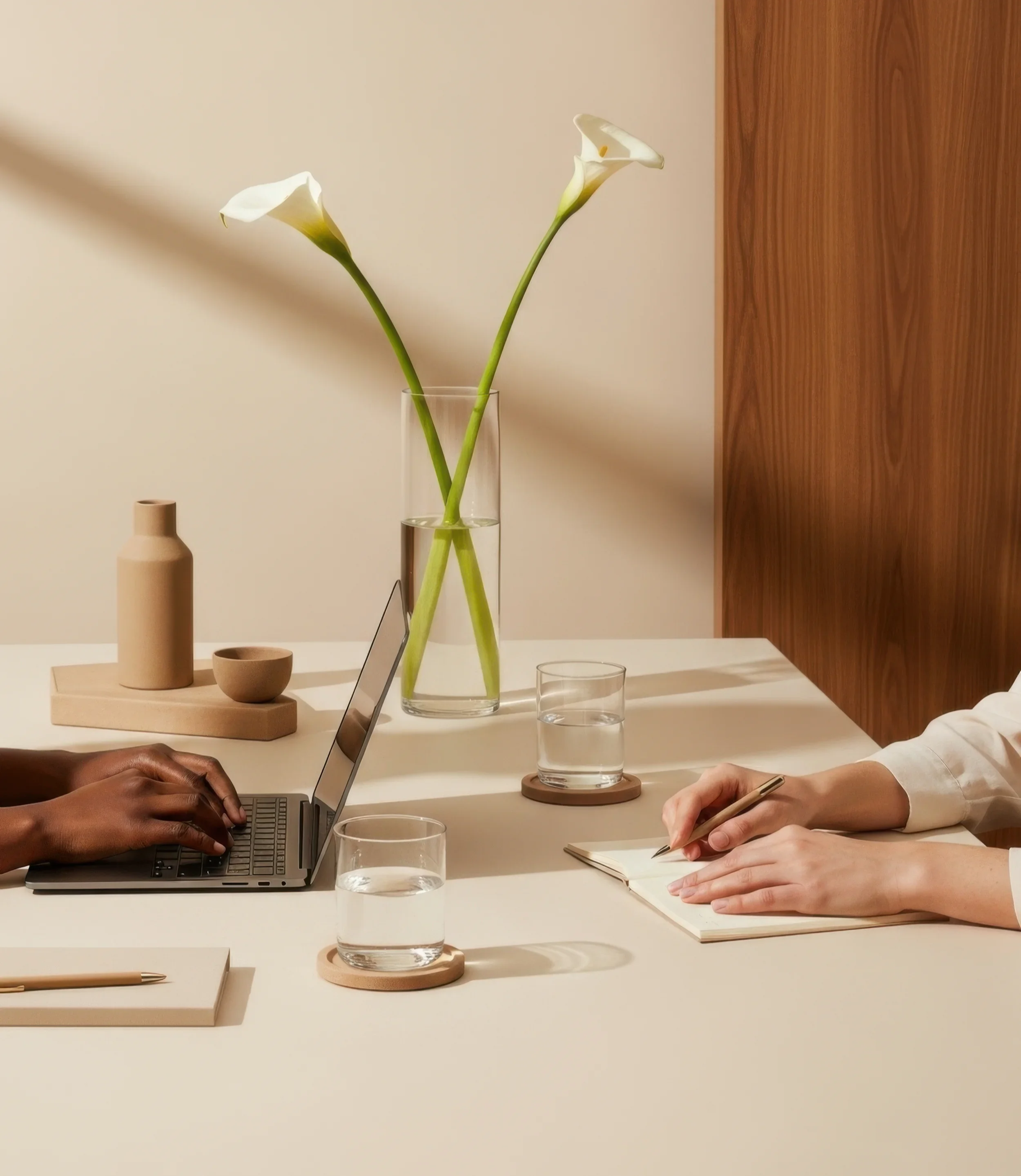 A minimalistic desk with two people working; one typing on a laptop and the other writing in a notebook, with a large vase of white calla lilies and glasses of water on coasters.