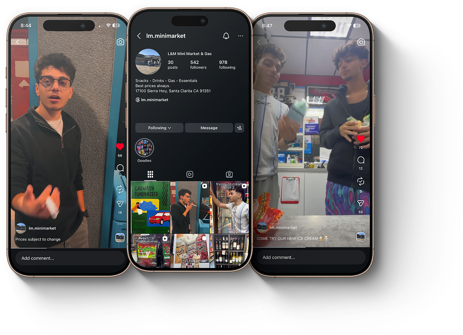 Three smartphones displaying social media videos and profiles, featuring young men inside a convenience store.