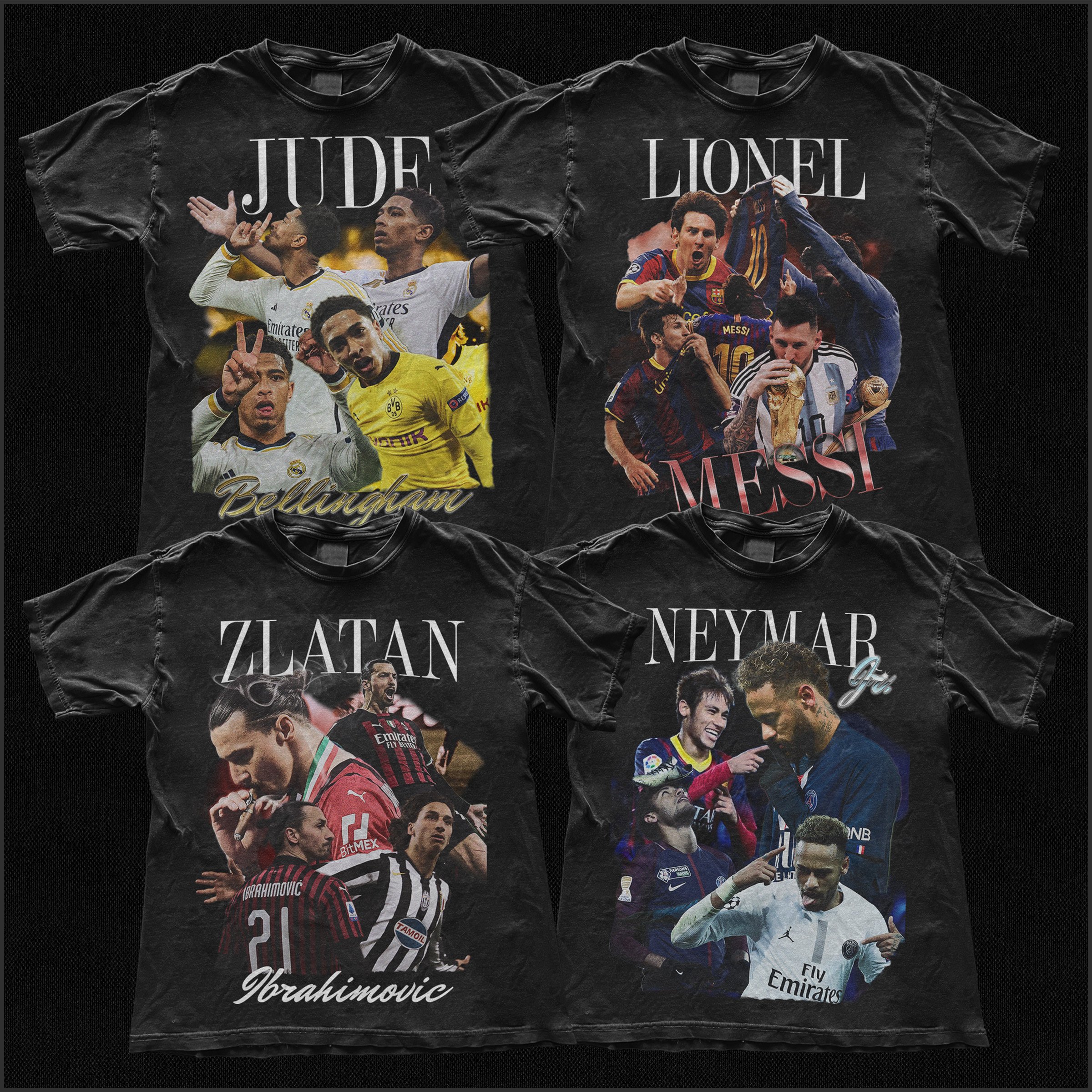 Four black t-shirts with images and names of famous soccer players and teams from different eras and countries.