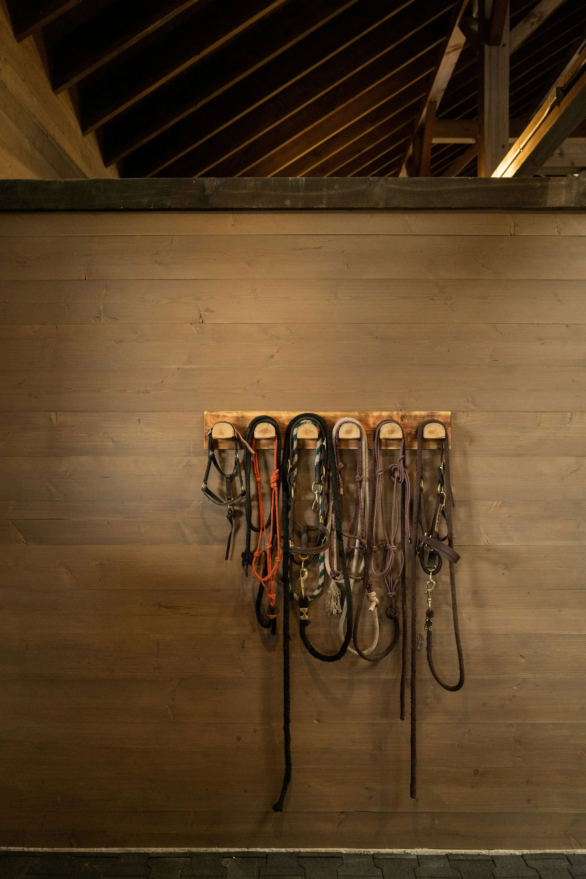 Horse bridles and reins hanging on a rustic barn wall at a Montana wedding venue