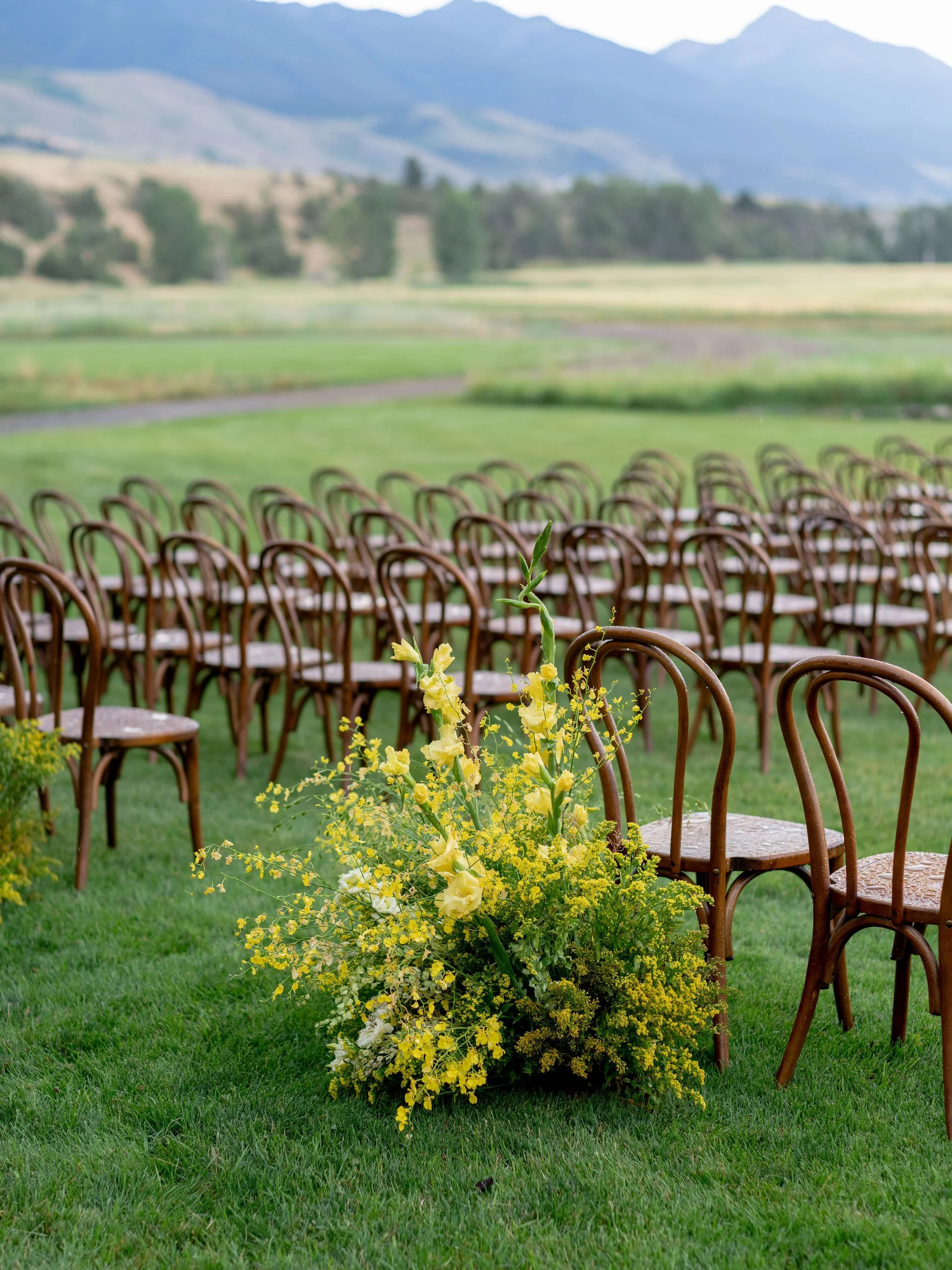 Rows of wooden ceremony chairs with yellow and green floral arrangements lining the aisle, set in a Montana mountain landscape, by Wild Blume