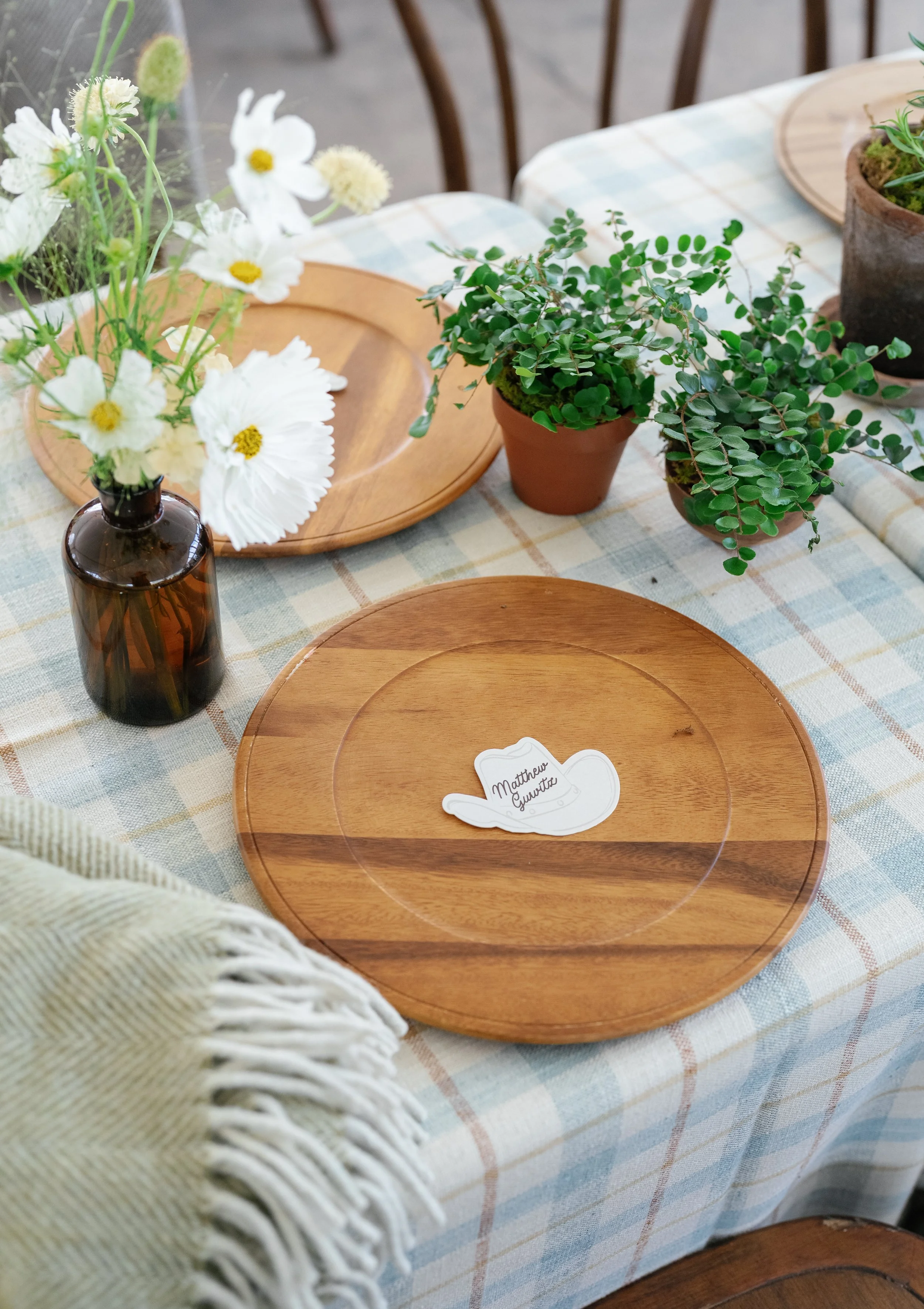 A table decorated with potted plants, a vase with white flowers, and wooden plates on a cloth with a checkered pattern.