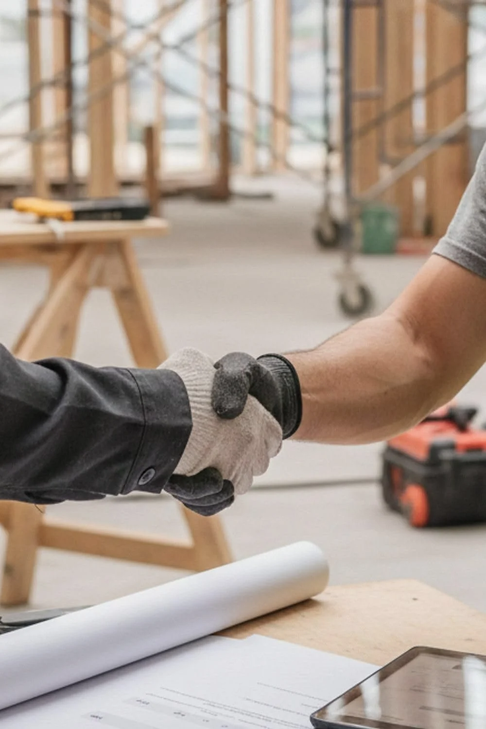 Two people wearing gloves shake hands at a construction site with wooden framing in the background.