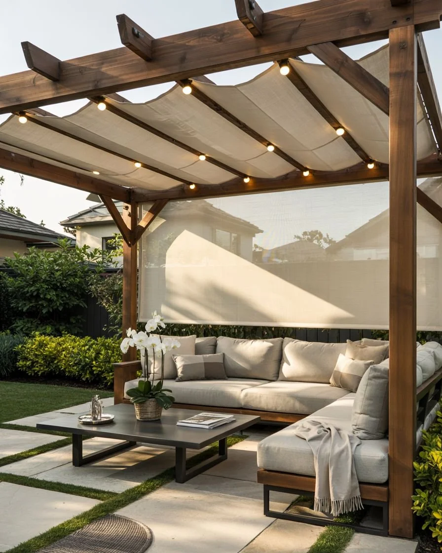 An outdoor patio area with a wooden pergola, string lights, and beige cushioned seating including a sectional sofa and a low coffee table with a plant and magazines, surrounded by greenery.