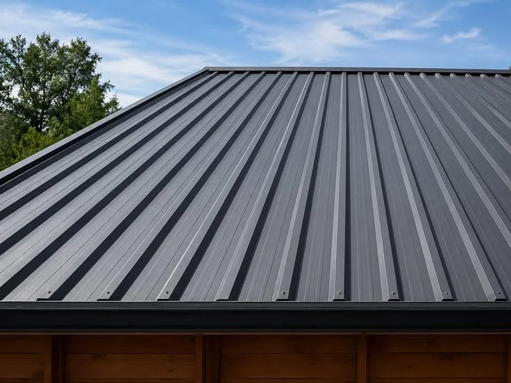 A worker installing roof tiles on a sloped roof, with wooden battens and blue tile edging visible in the image.