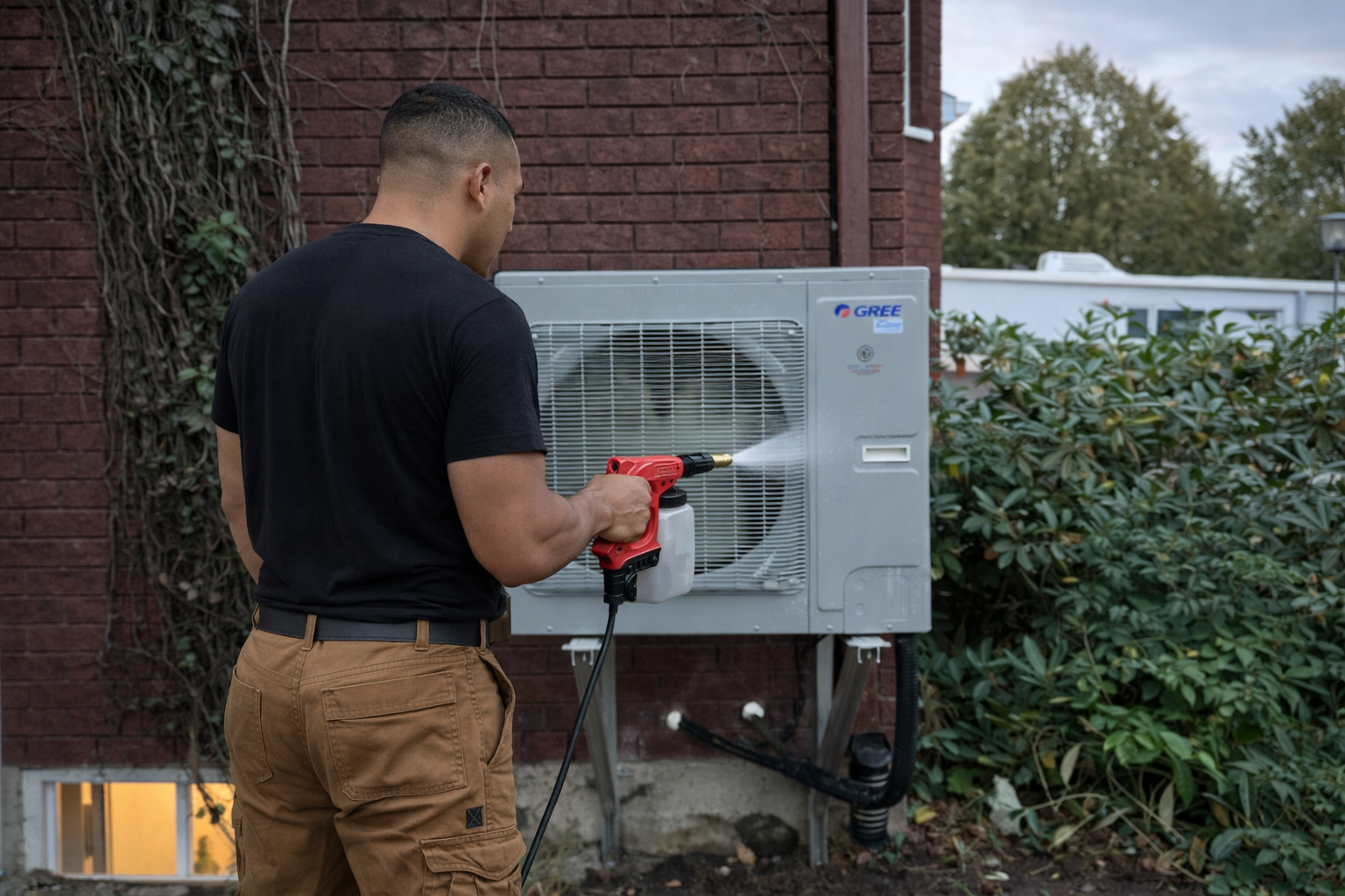 Un homme nettoie une unité de climatisation extérieure avec un nettoyeur haute pression.