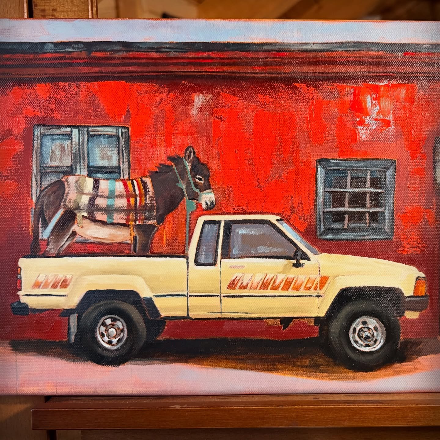 Little progress shot of my current piece, &ldquo;Living on Burro Time&rdquo; 

#westernart
#cowboyart 
#toyota 
#southwestart 
#oilpainting