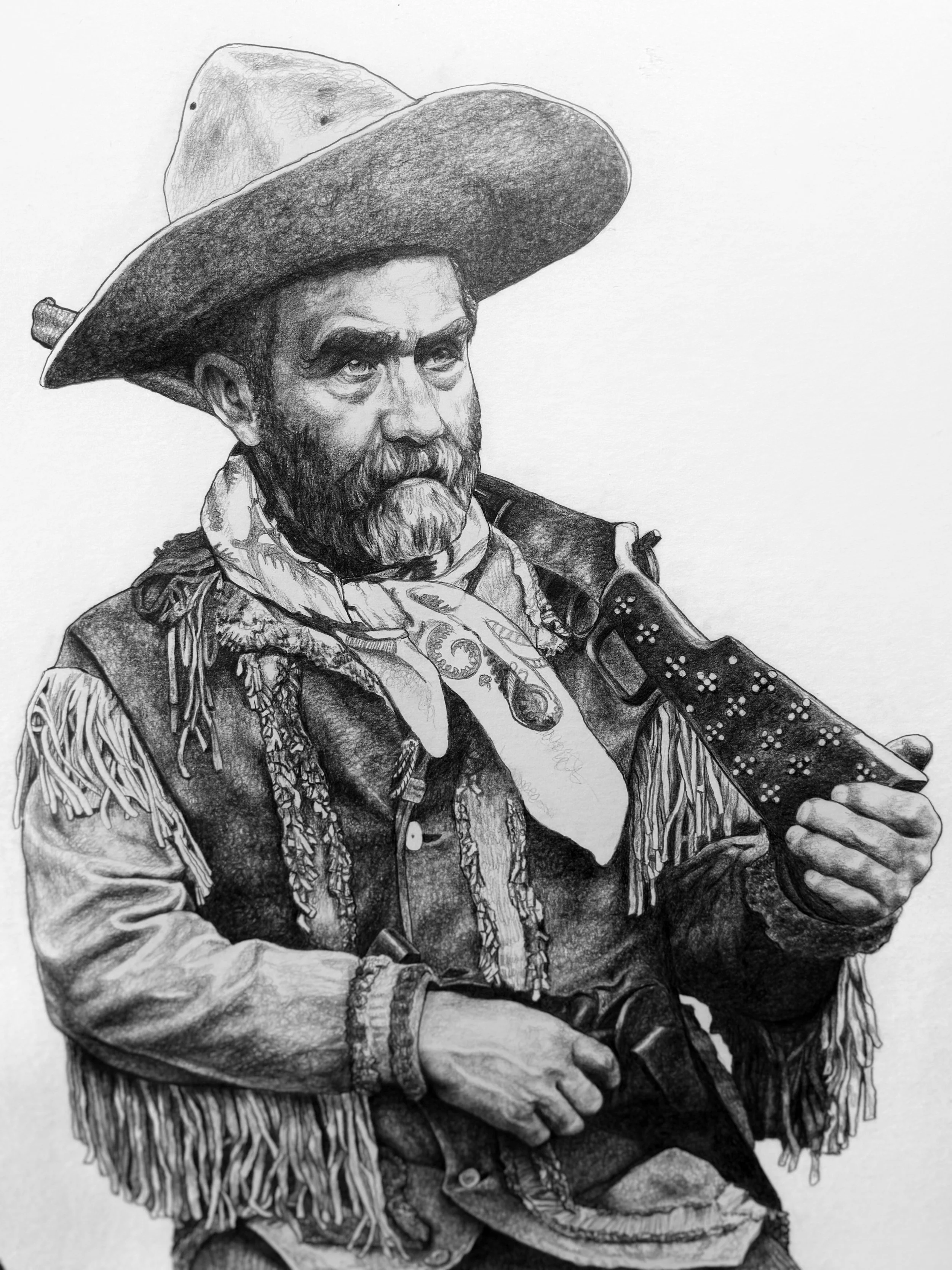 "Pioneer George" - $1850 - 16x20 Graphite on Illustration Board - Available at The Ranch at Taos Gallery