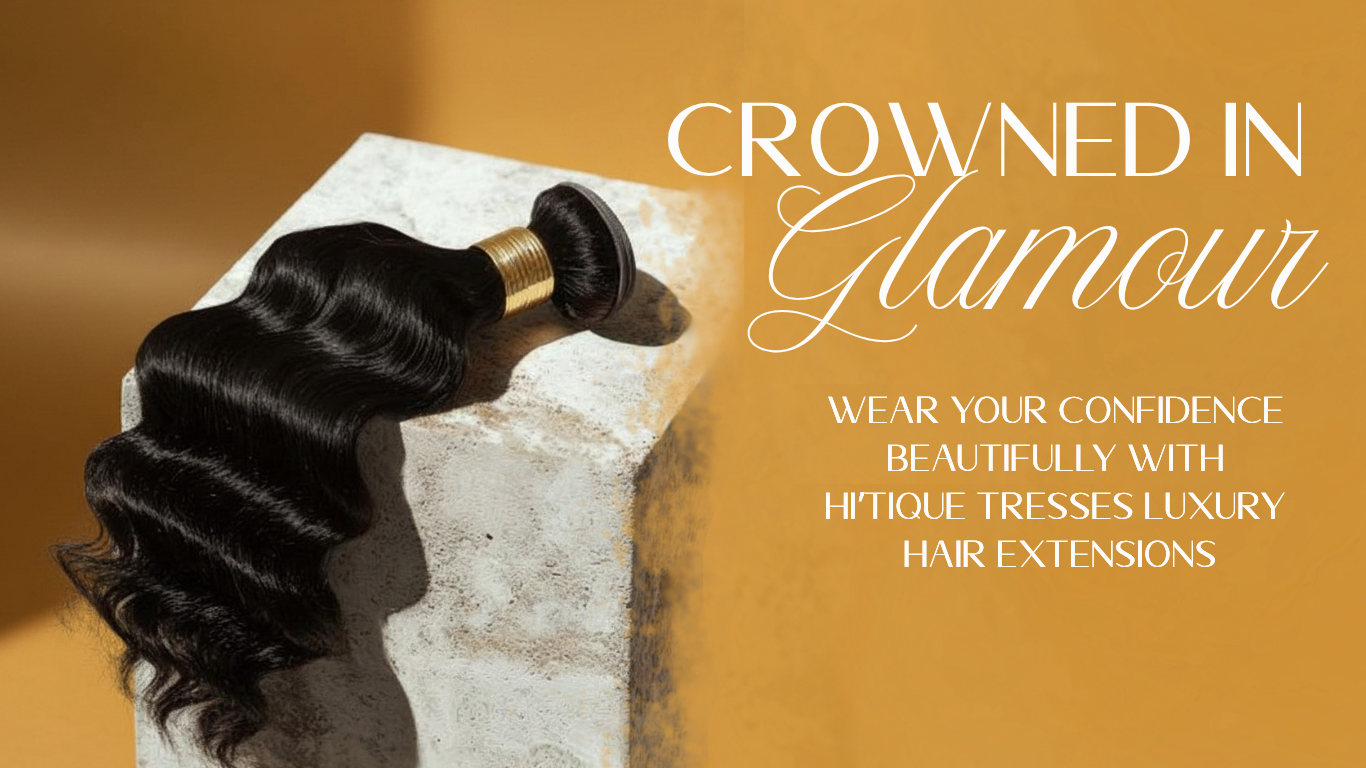 A bundle of luxurious, wavy black hair extensions resting on a textured white block, with gold band at the top. There is text promoting glamorous hair extensions and confidence.