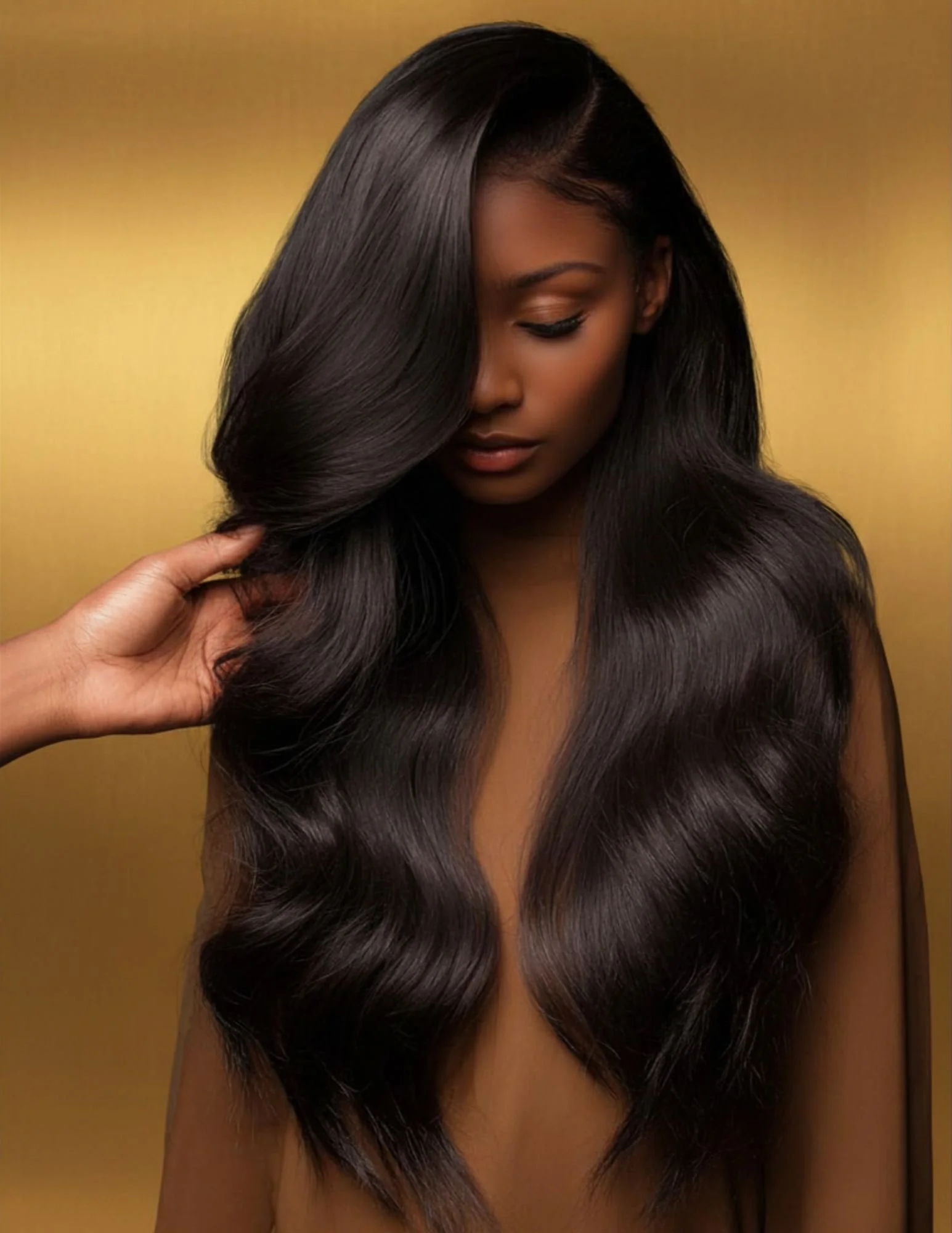 A woman with long, shiny black hair and tan skin, with her eyes closed and a gentle expression, against a gold background.
