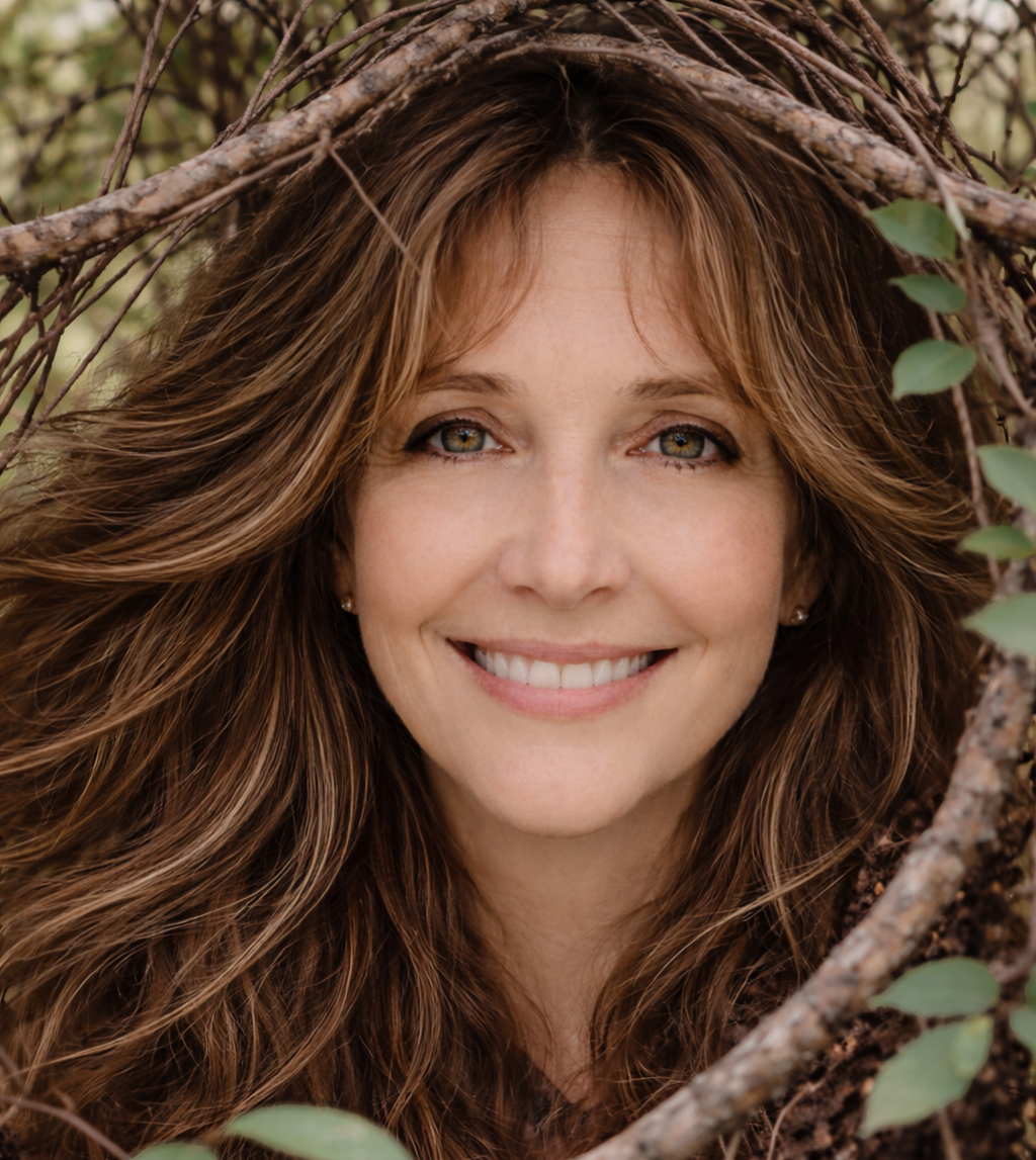 Close-up of a smiling woman with long wavy brown hair, framed by tree branches and leaves, outdoors.