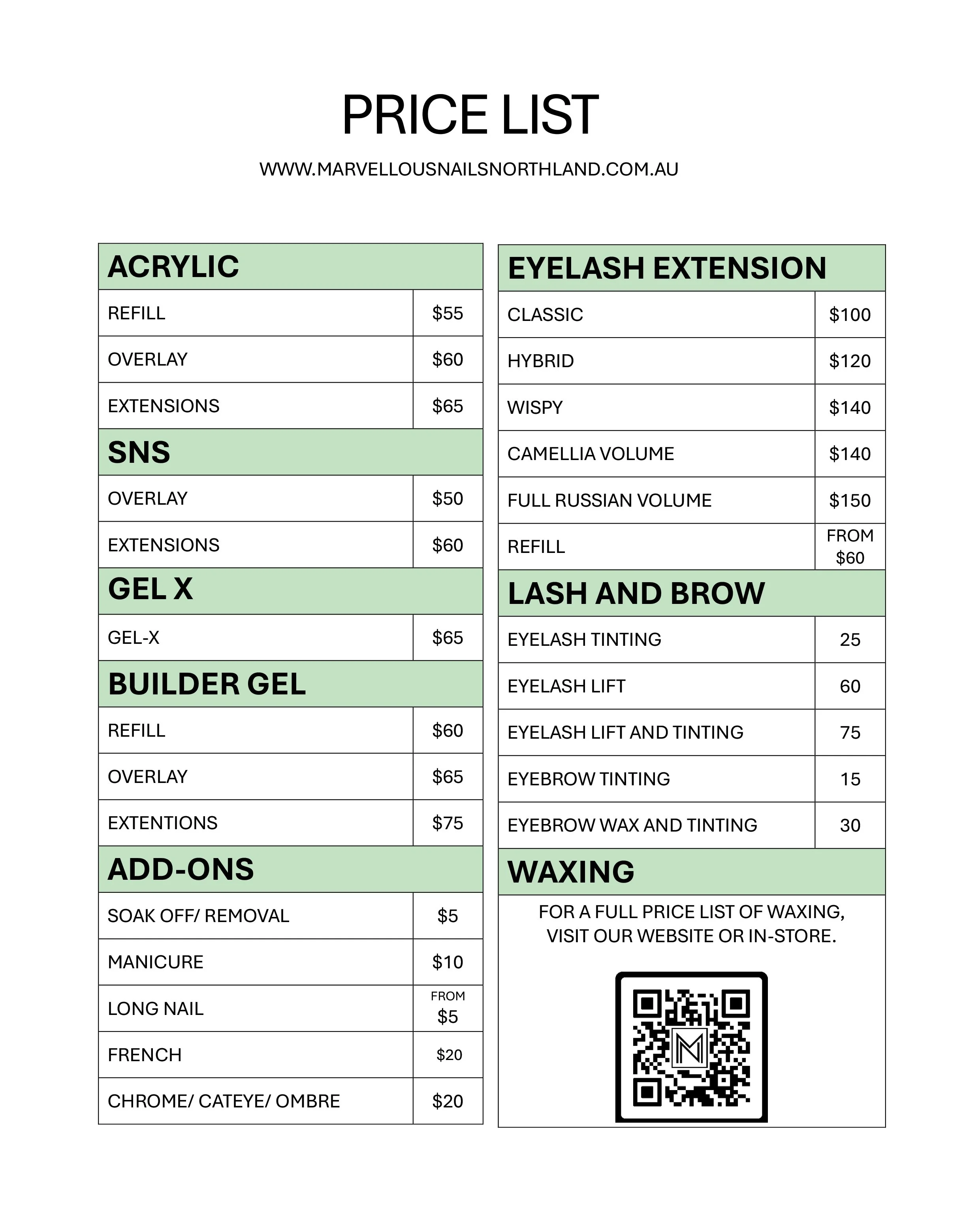Price list for nails and beauty services from Marvellous Nails Northland, including acrylic, SNS, gel X, builder gel, add-ons, eyelash extension, lash and brow services, and waxing with prices and a QR code.