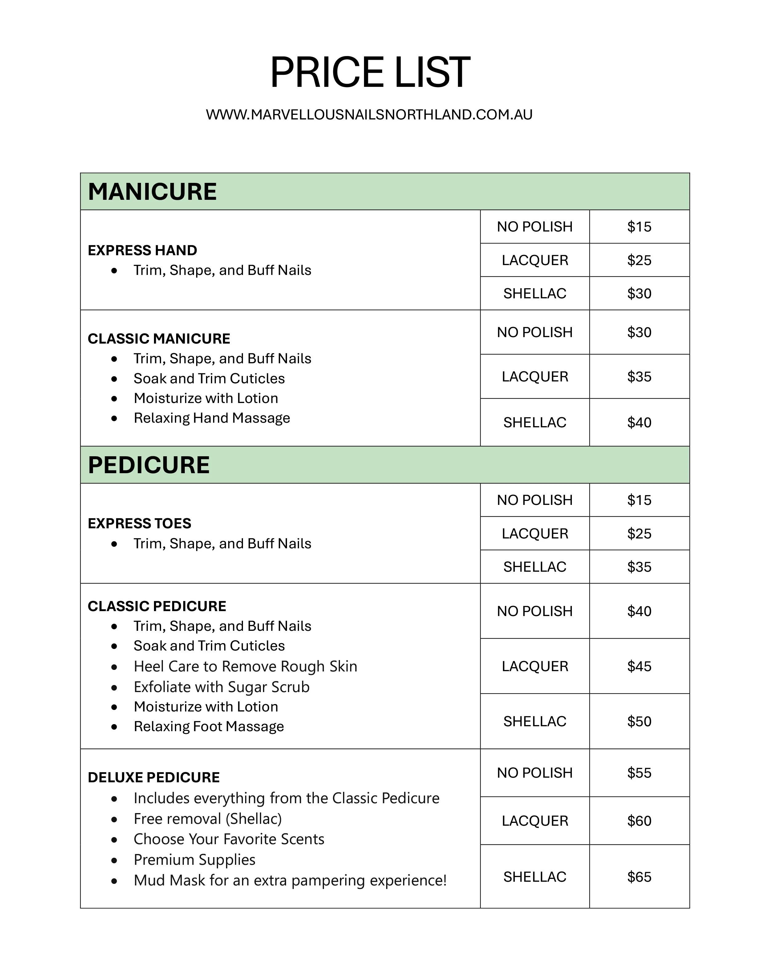 Price list for nail and pedicure services from Marvellous Nails Northland, including options for express hand and toe nails, classic manicures and pedicures, and deluxe pedicure with additional features.