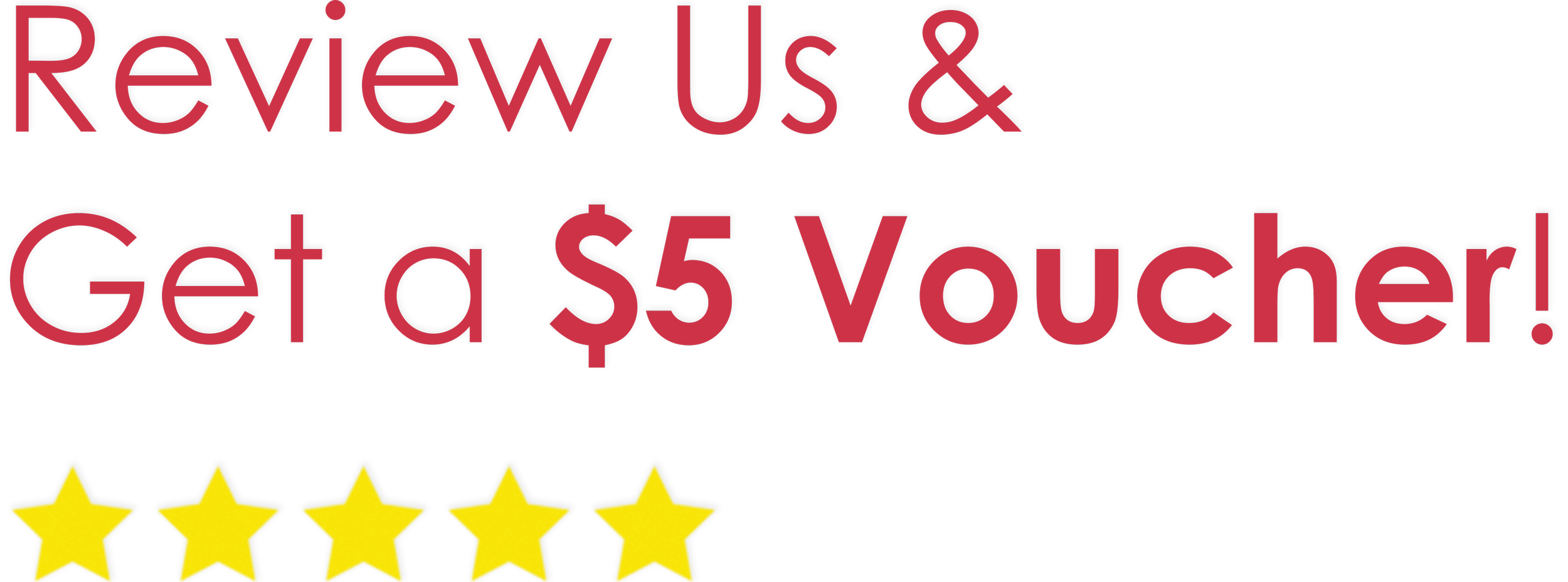 Bright promotional graphic with text encouraging viewers to review and get a five-dollar voucher, featuring five yellow stars at the bottom.